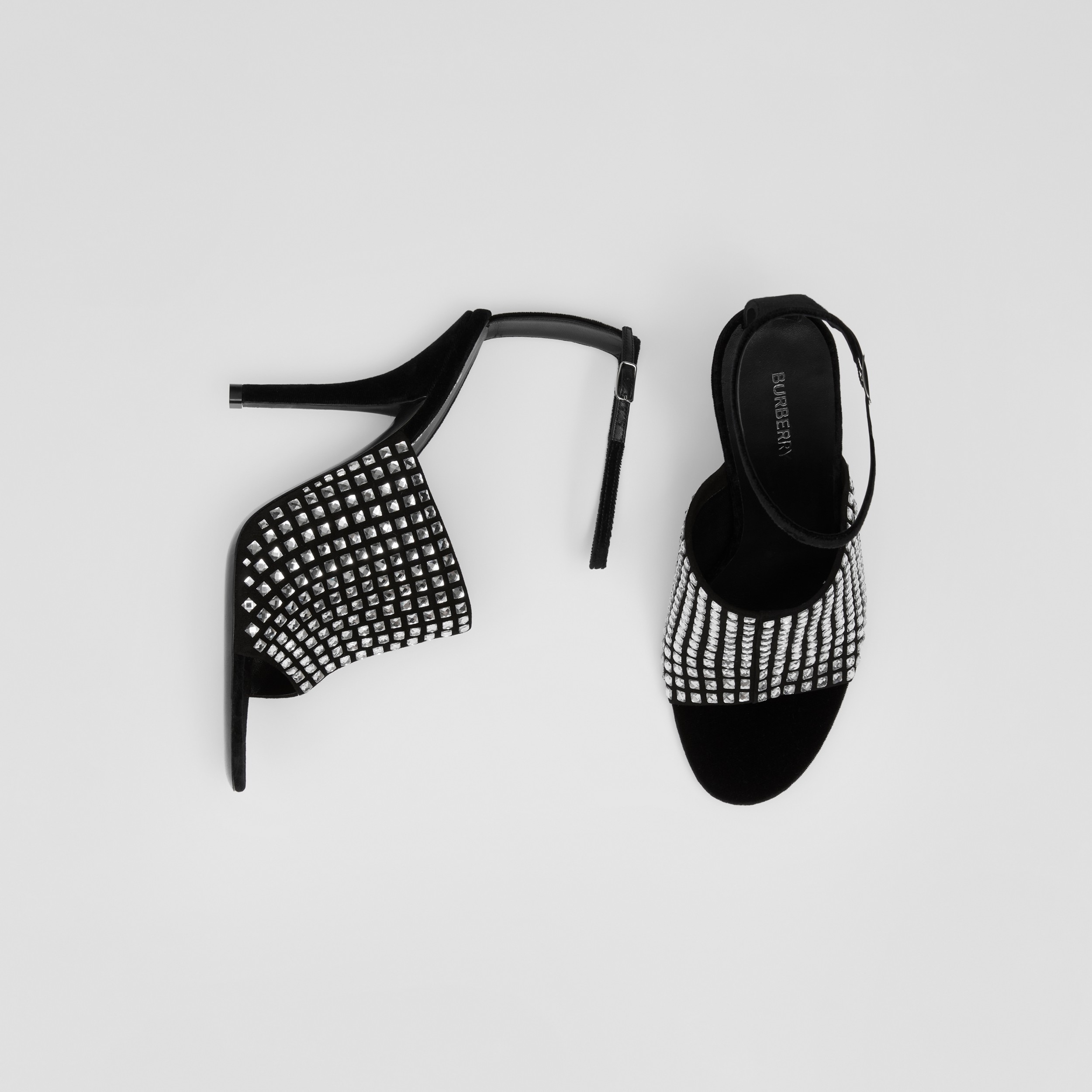 Sandalias en terciopelo con detalles de cristales y tacón de aguja (Negro/cristal) - Mujer | Burberry® oficial - 1