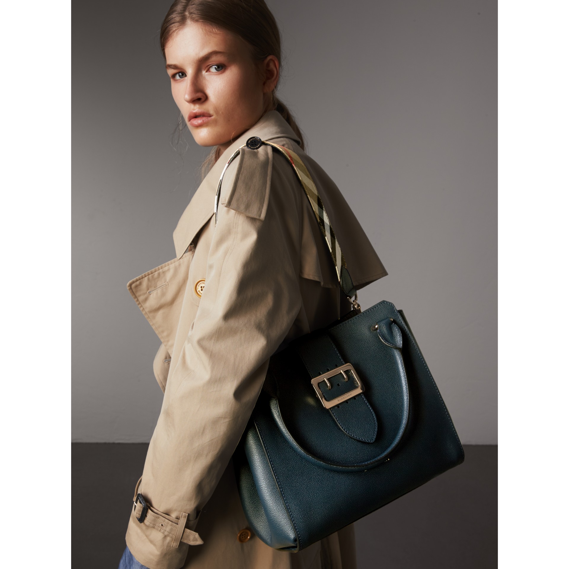 The Medium Buckle Tote in Grainy Leather in Blue Carbon - Women ...