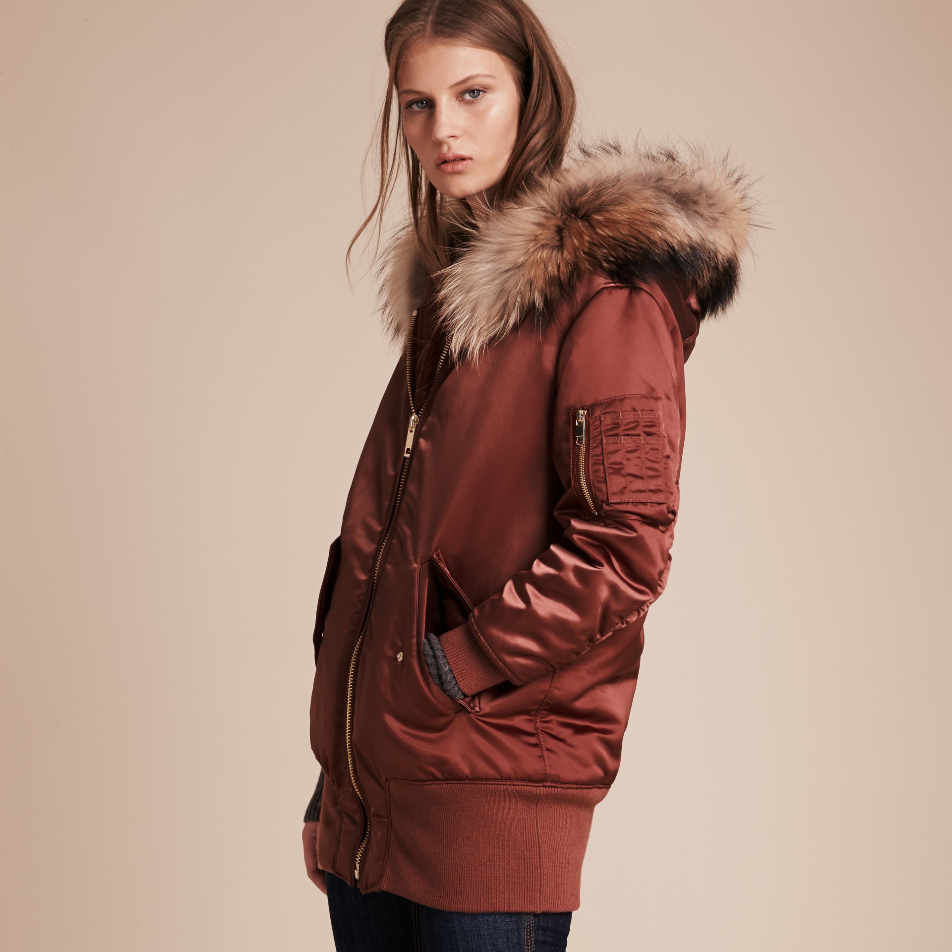 Longline Satin Bomber Jacket with Furtrimmed Hood Antique Rose Burberry