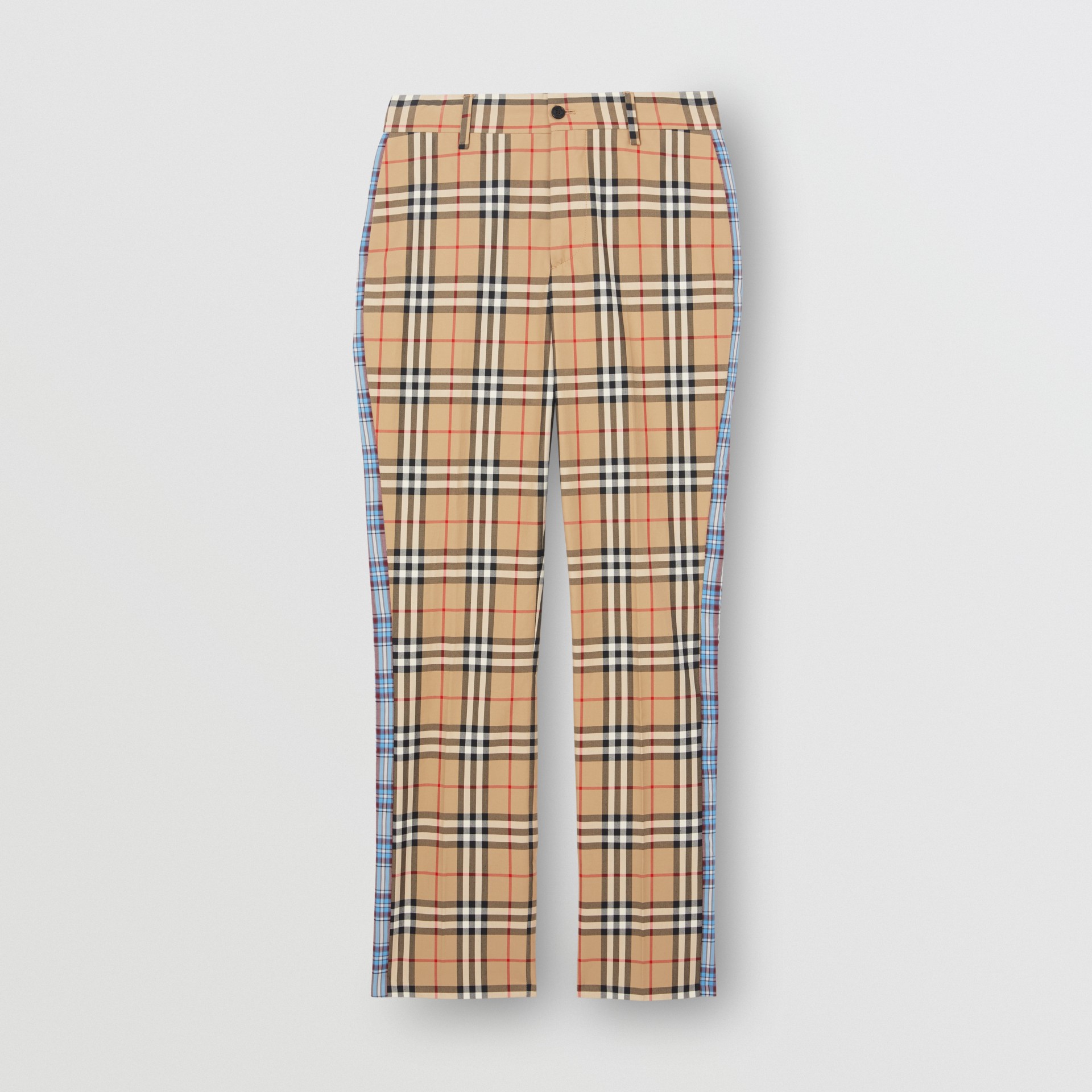 Straight Fit Contrast Check Cotton Trousers in Archive Beige - Women ...