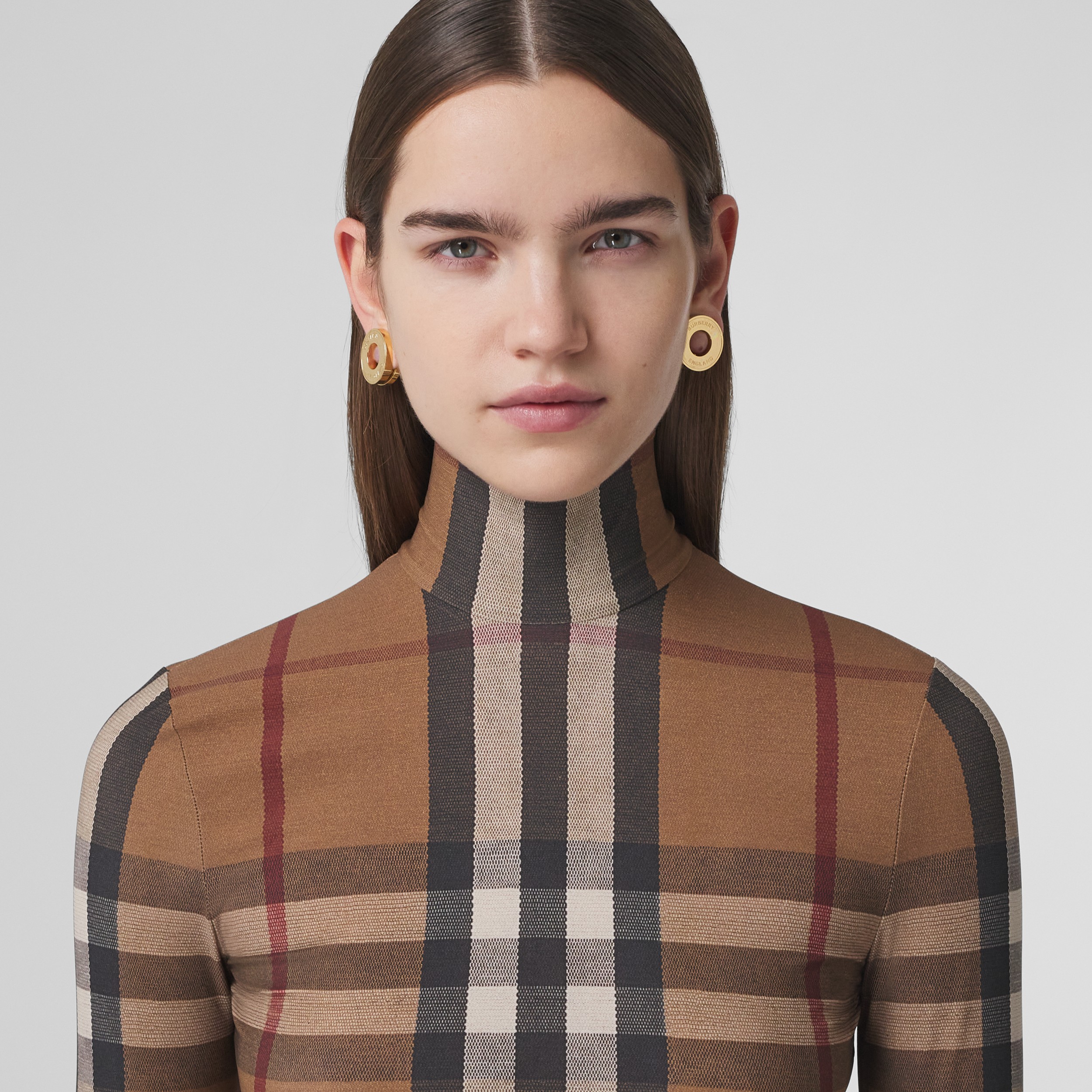 Check Stretch Jersey Turtleneck Top in Birch Brown - Women | Burberry® Official - 2