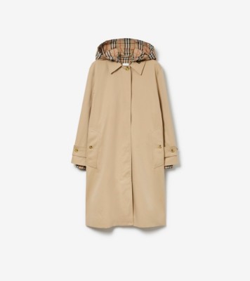 Mid-length Check Hood Gabardine Car Coat in Honey - Women, Cotton Gabardine  | Burberry® Official