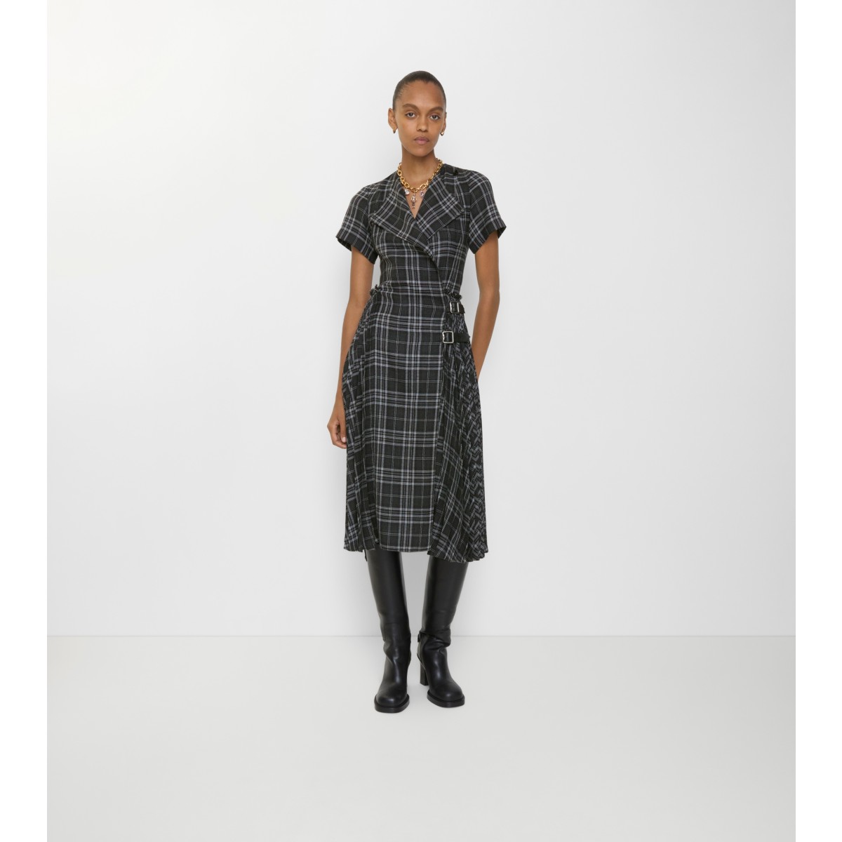  Check Wool Blend Kilt Dress