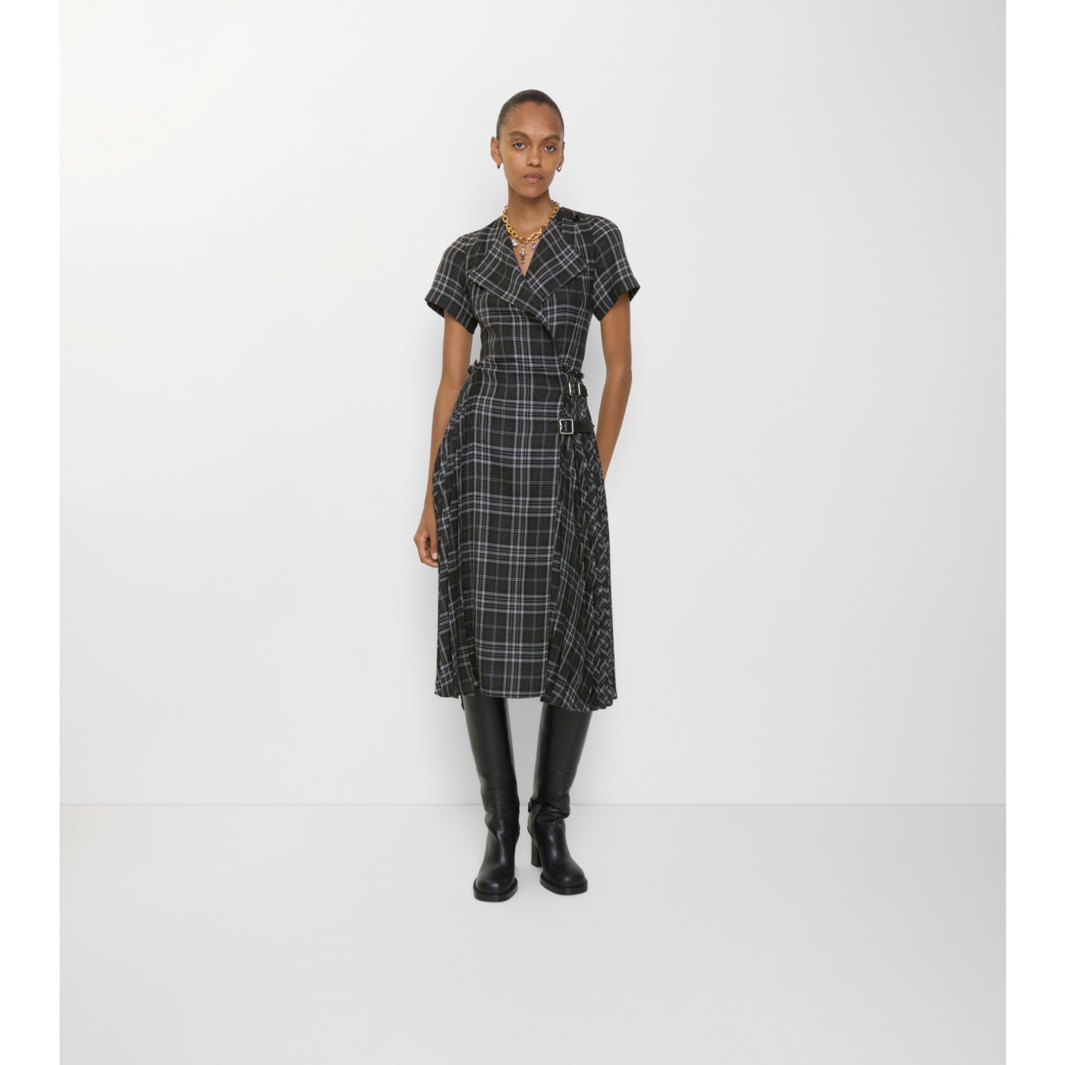 Check Wool Blend Kilt Dress