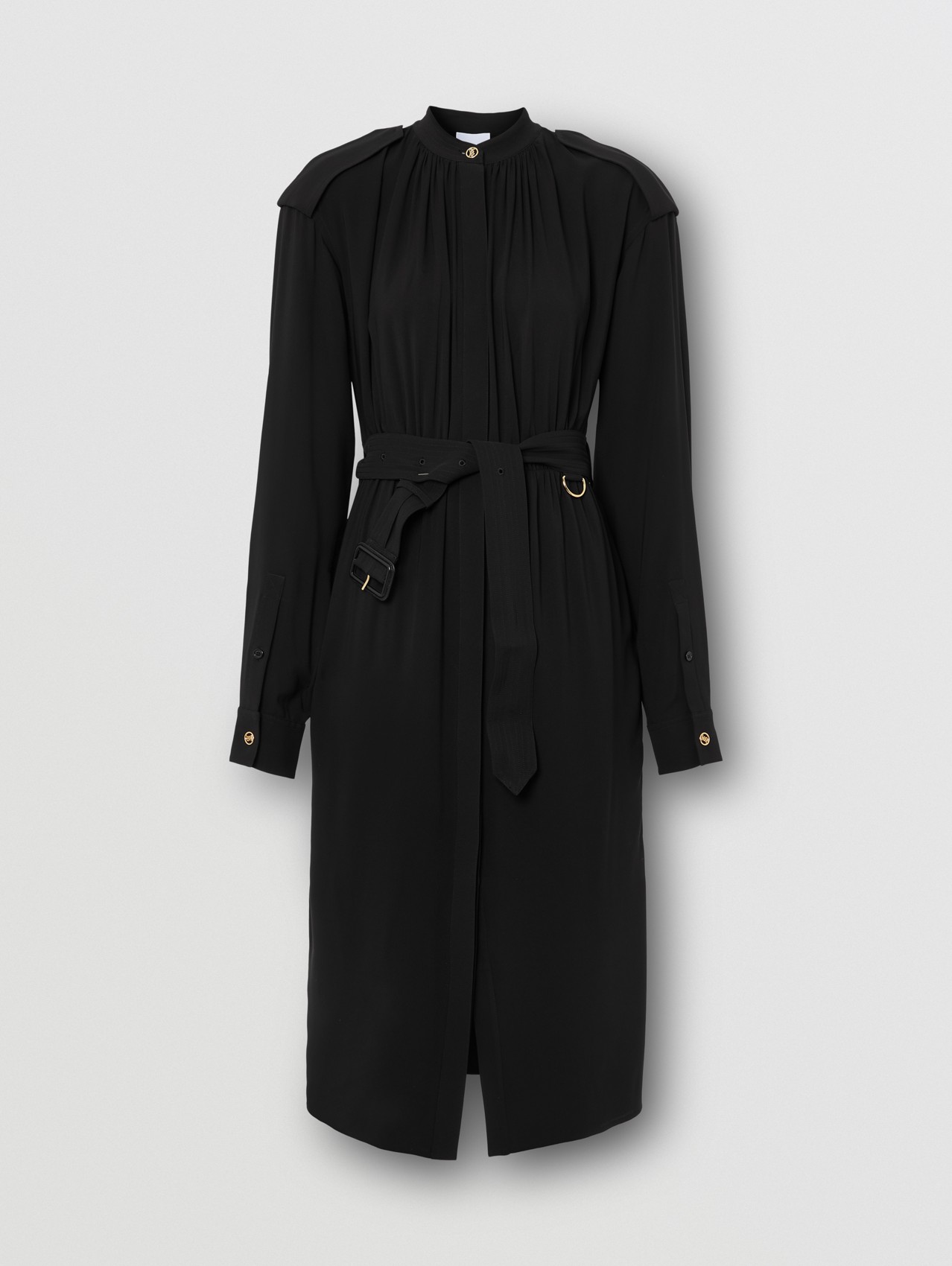 Long-sleeve Epaulette Detail Silk Georgette Dress in Black