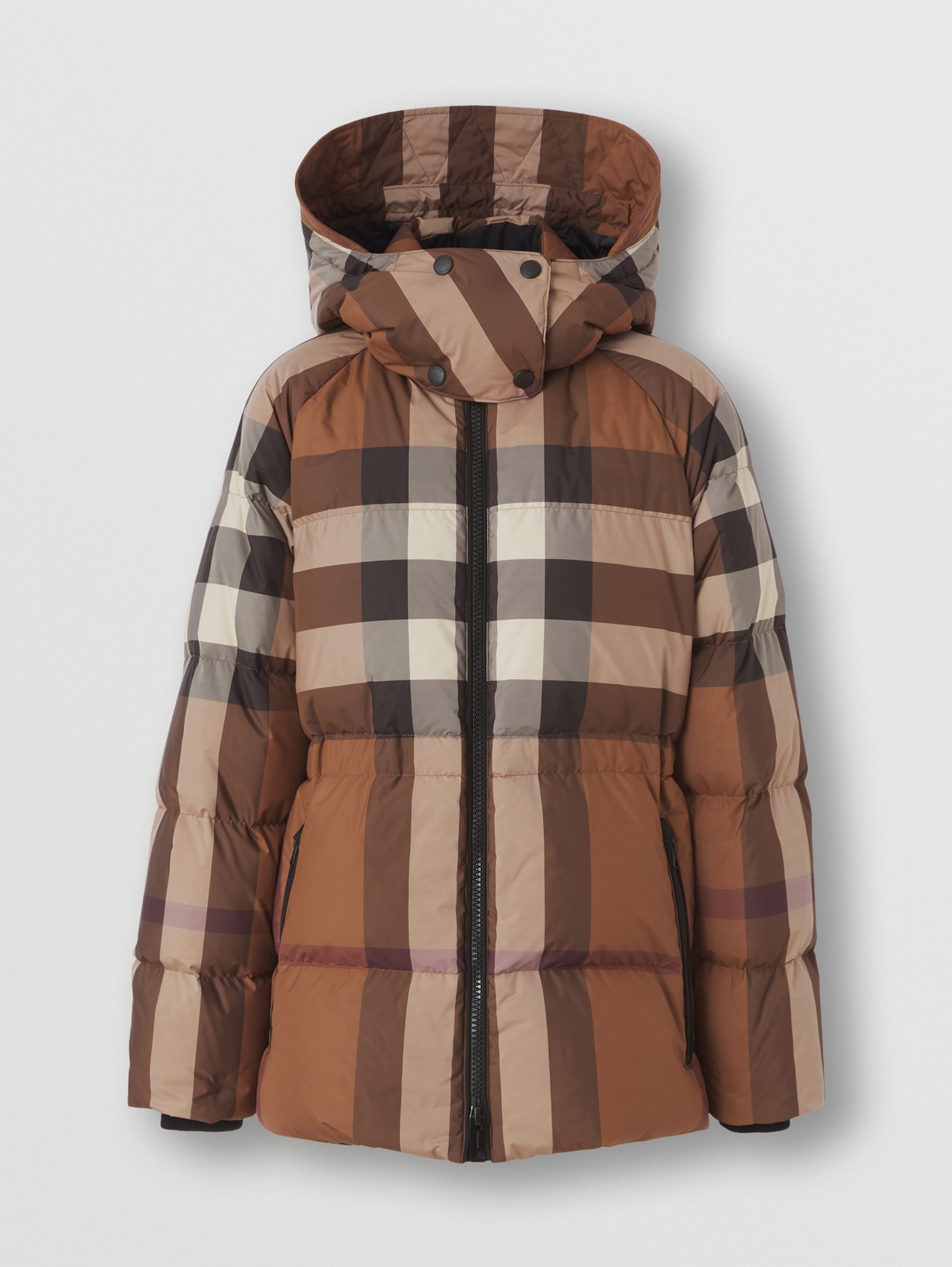 Detachable Hood Check Puffer Jacket in Dark Birch Brown