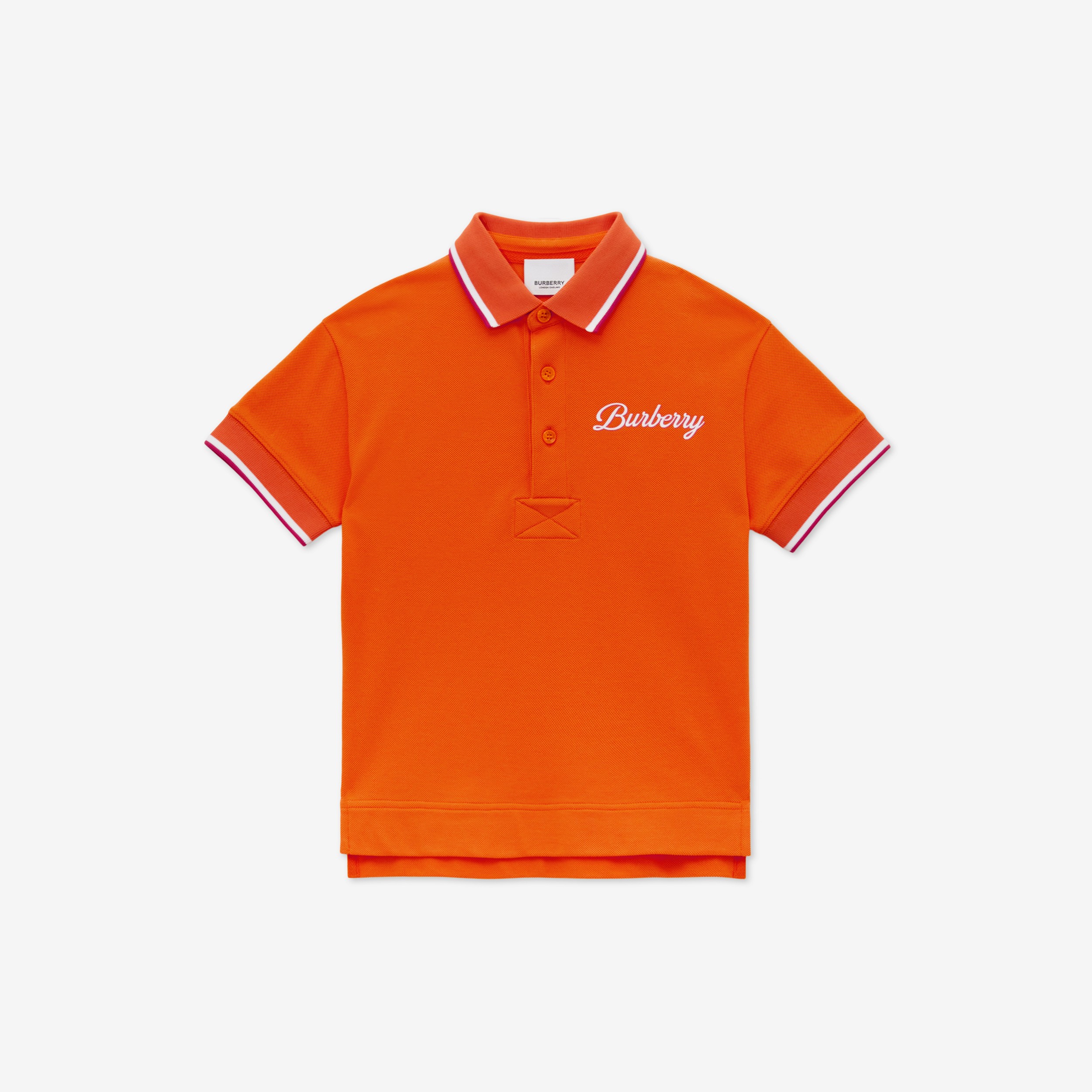 Logo Script Print Cotton Piqué Polo Shirt in Light Coral Orange | Burberry® Official - 1