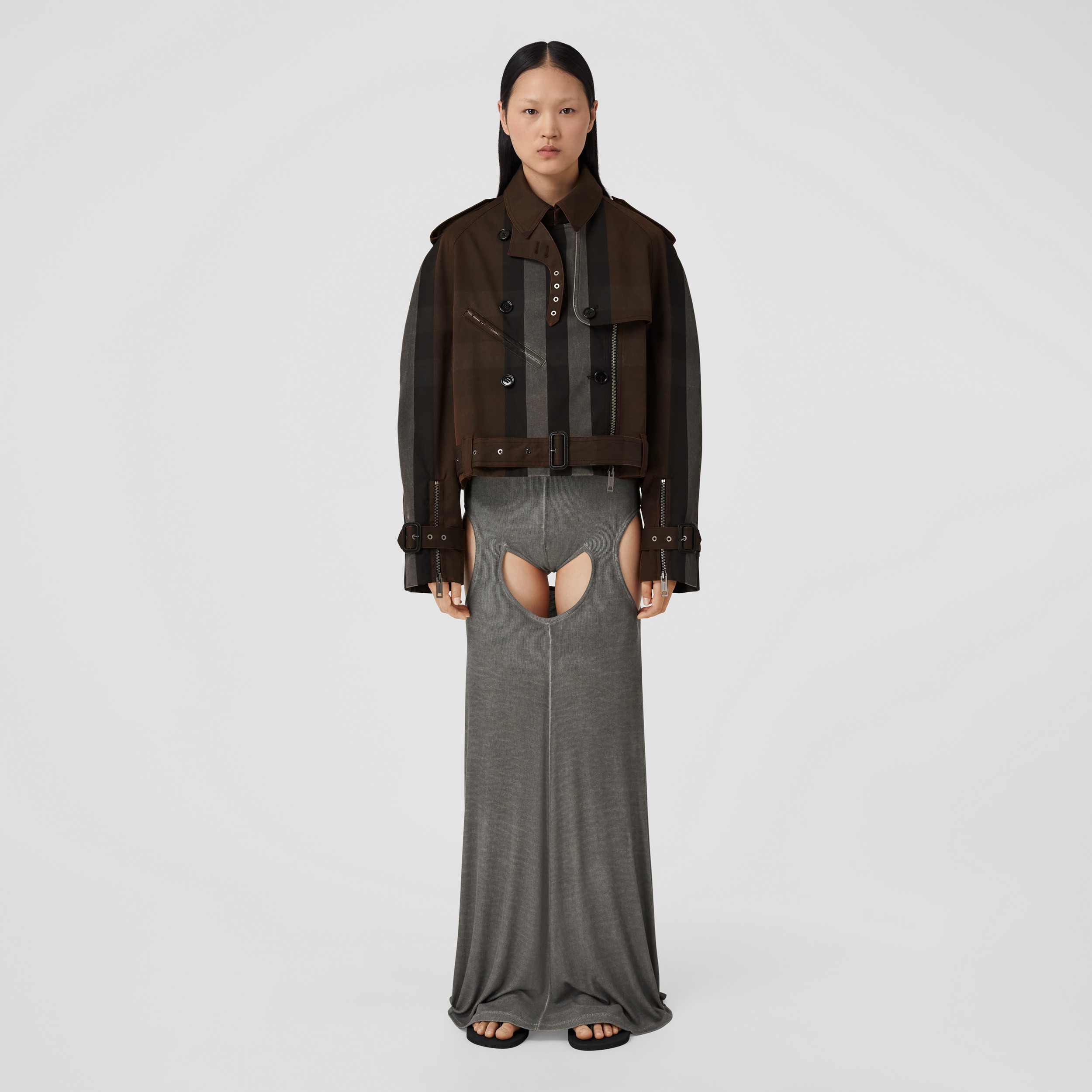 格纹棉质混纺重塑版型机车夹克 (深桦木棕) - 女士 | Burberry® 博柏利官网 - 4
