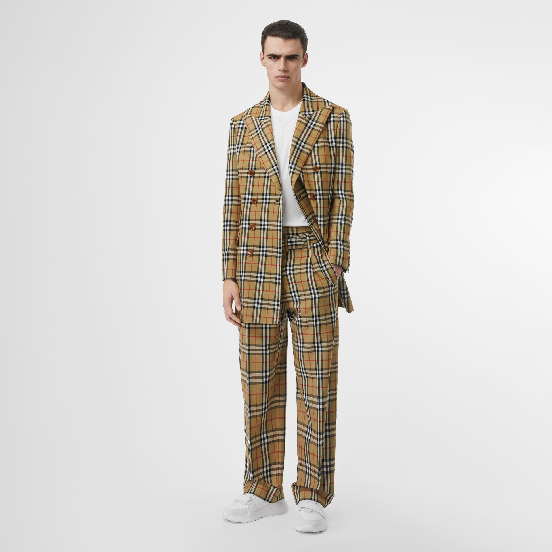 Vintage Check Wool Double-breasted Jacket in Antique Yellow - Men ...