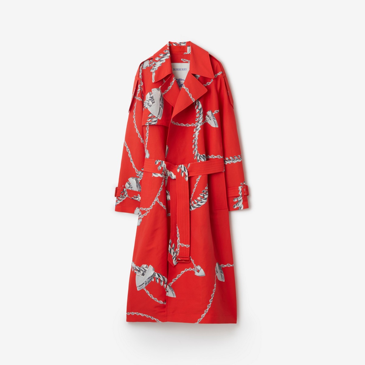 Burberry Long Shield Hardware Taffeta Trench Coat In Red