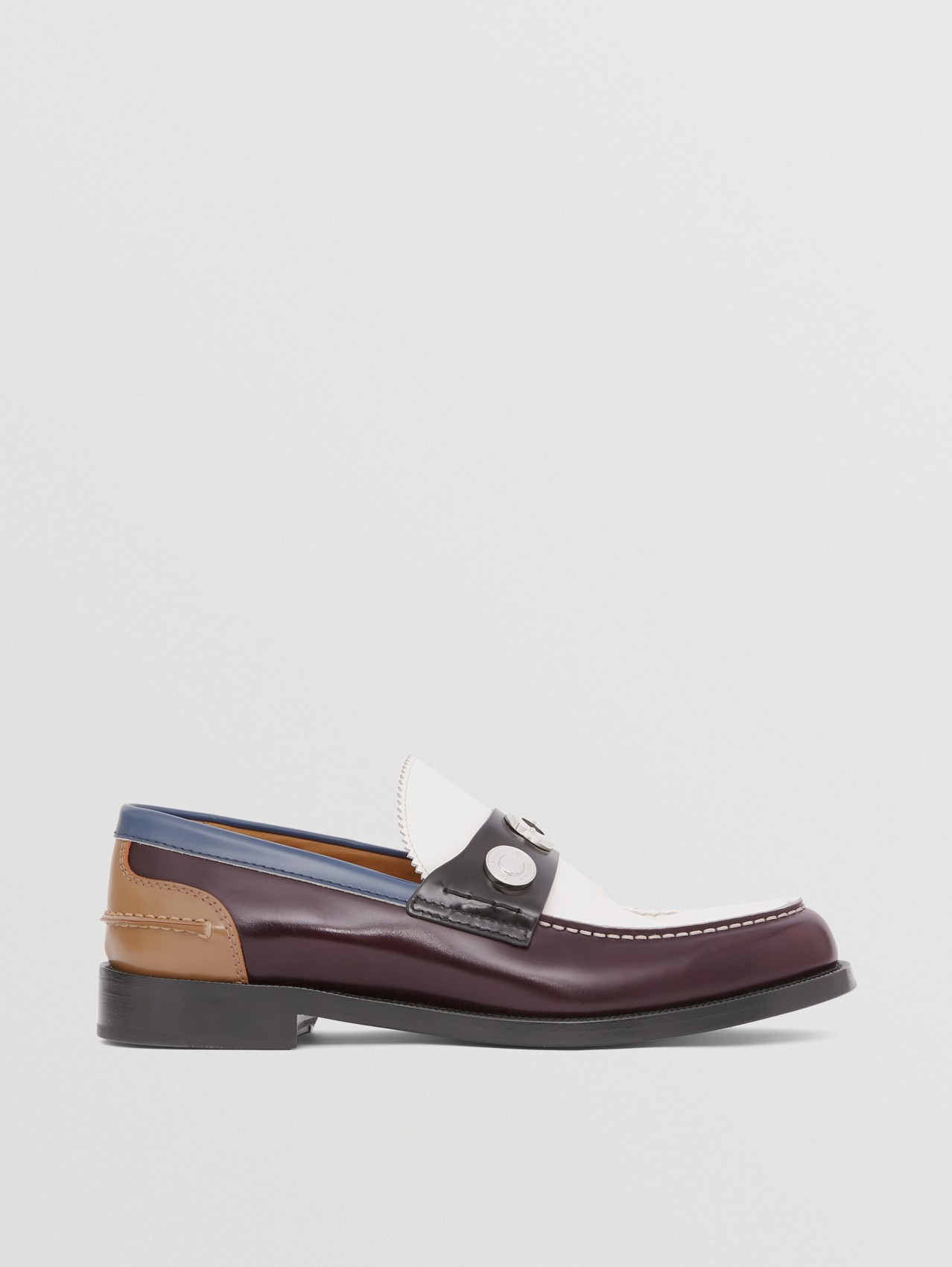 Logo Detail Colour Block Leather Loafers in Deep Maroon/black
