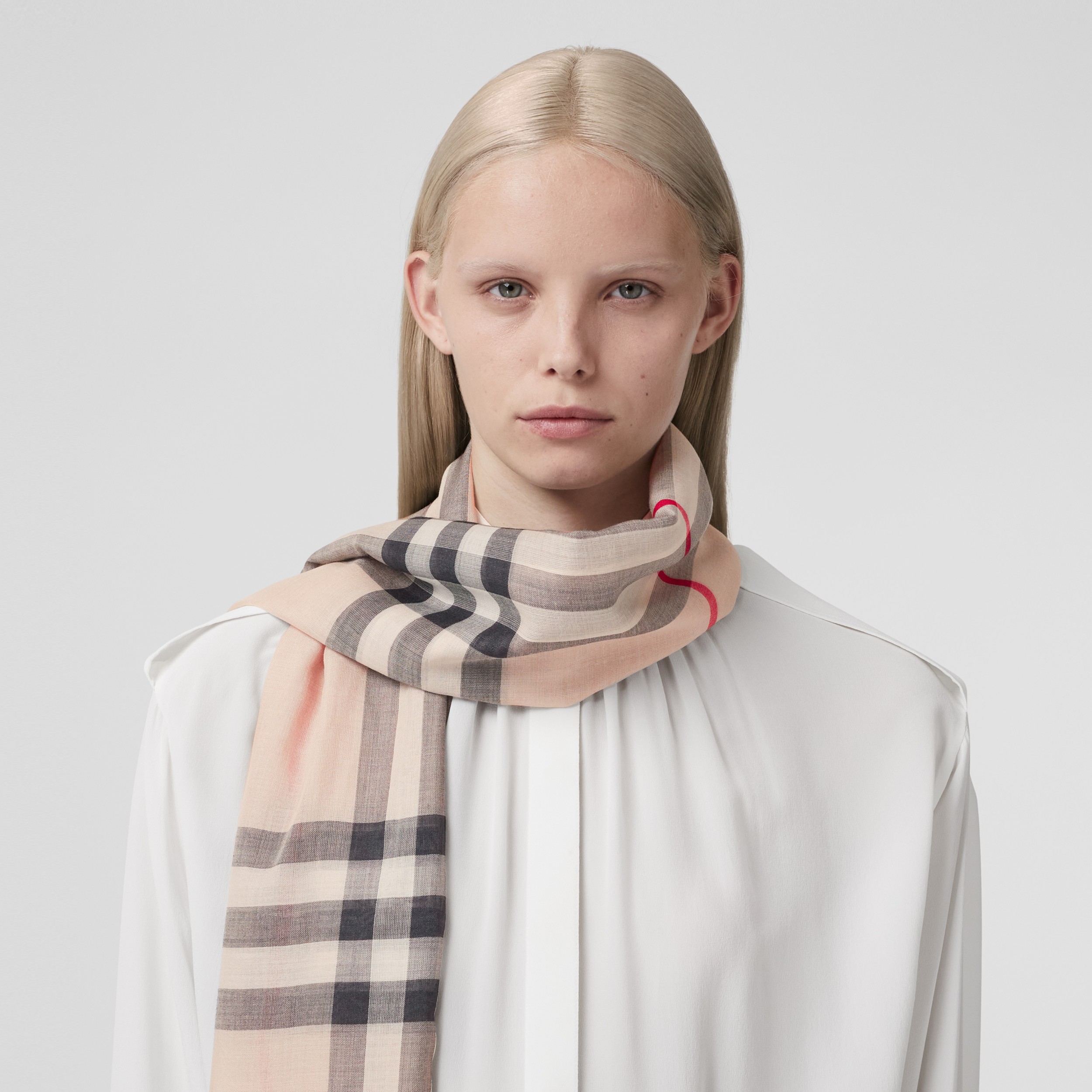 Check Lightweight Wool Silk Scarf in Stone | Burberry® Official