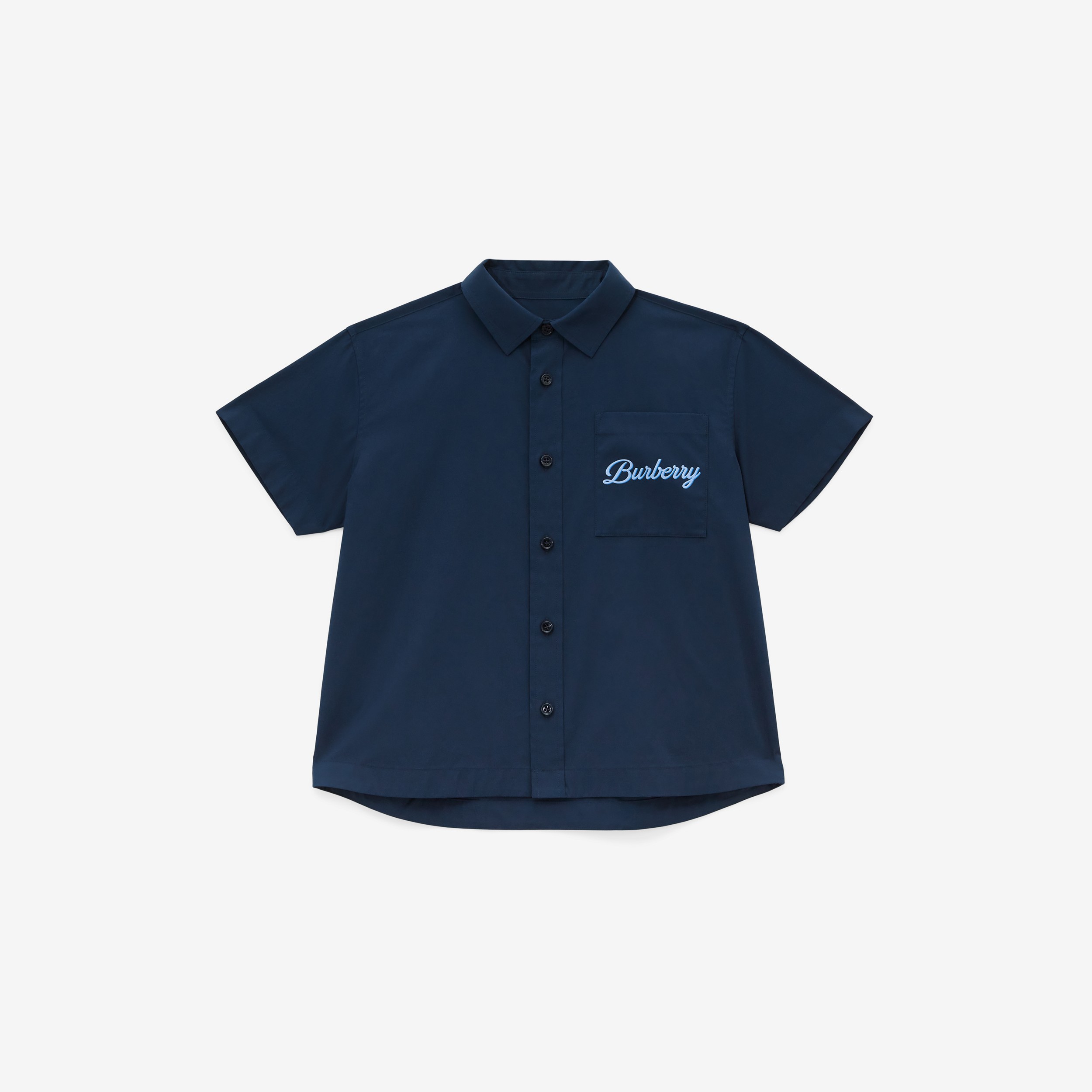 Logo Script Print Stretch Cotton Shirt in Deep Charcoal Blue | Burberry® Official - 1