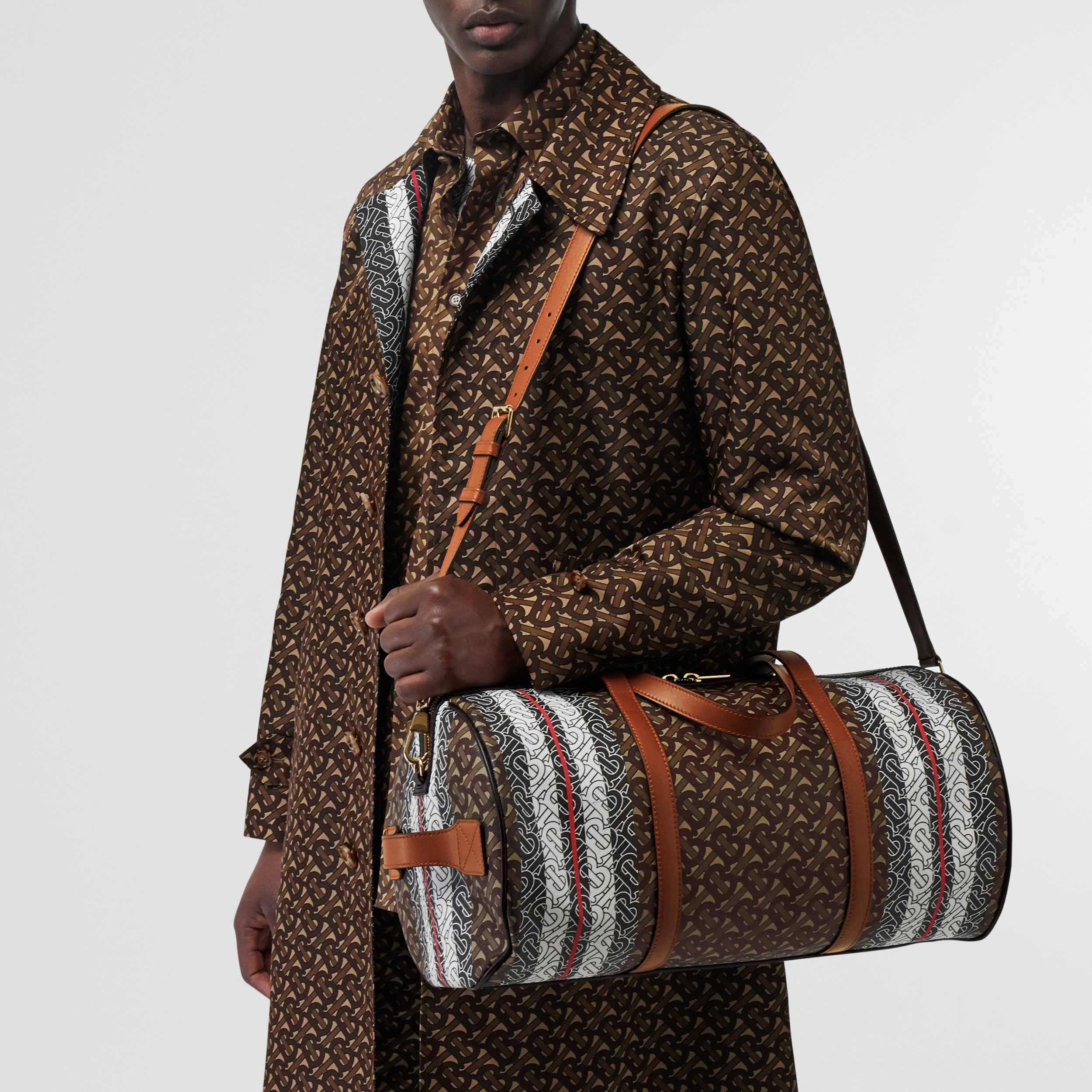 Medium Monogram Stripe Ecanvas Barrel Bag in Bridle Brown Burberry