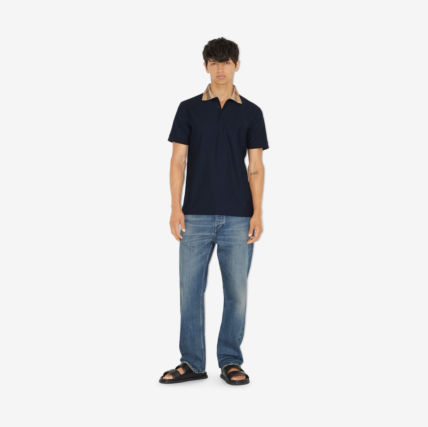 Check Collar Cotton Polo Shirt in Smoked Navy - Men | Burberry® Official