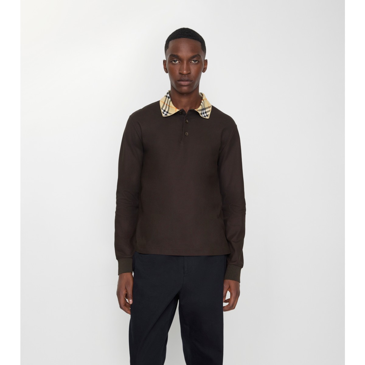  Check Long-sleeve Collar Cotton Polo Shirt