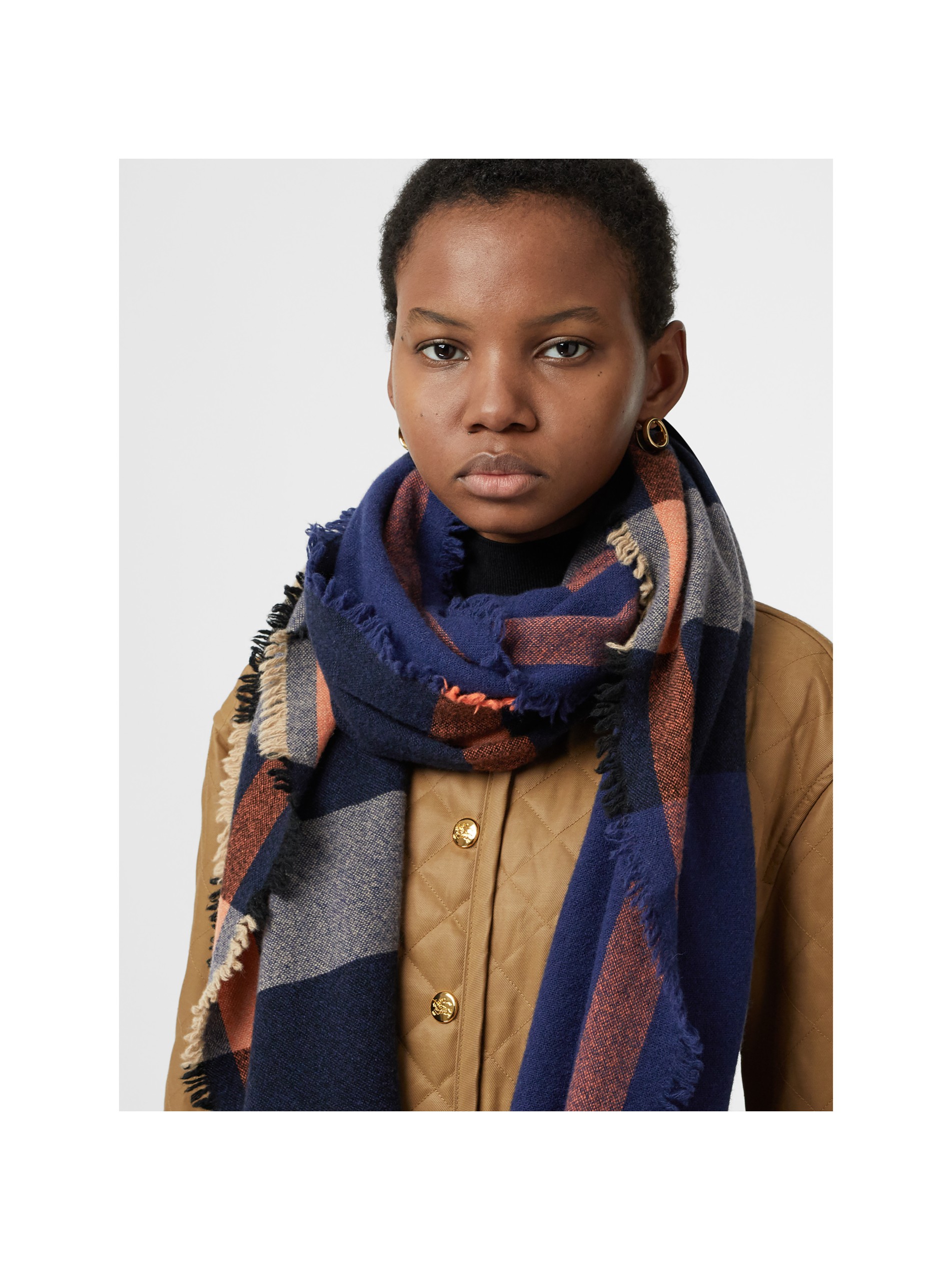 ink blue fringed check wool cashmere scarf image51