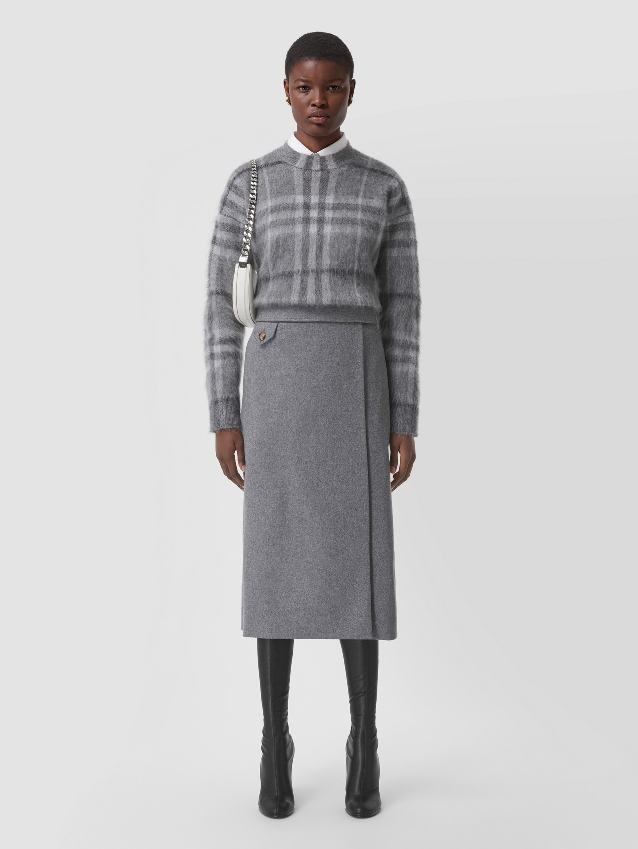 Detachable Belt Wool Cashmere Wrap Skirt in Mid Grey Melange