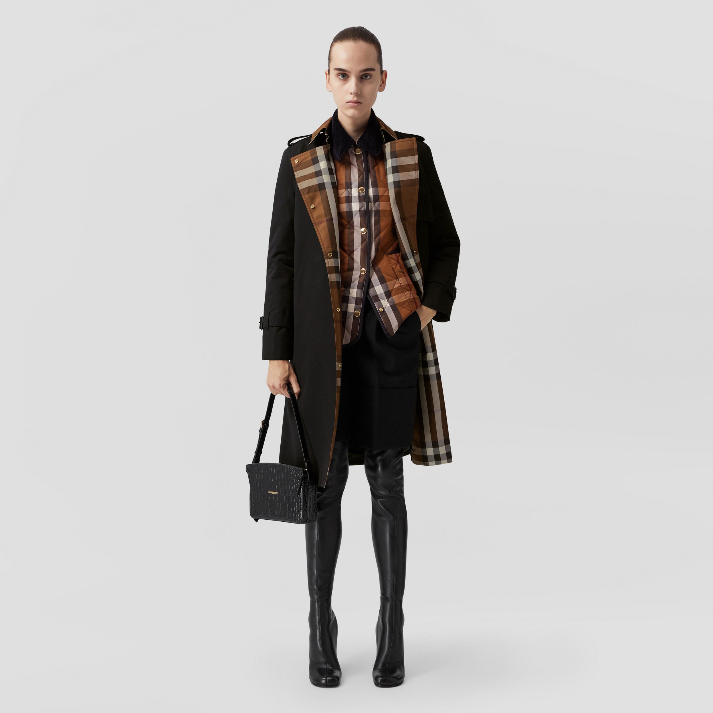 Check Panel Cotton Gabardine Trench Coat in Black - Women | Burberry® Official