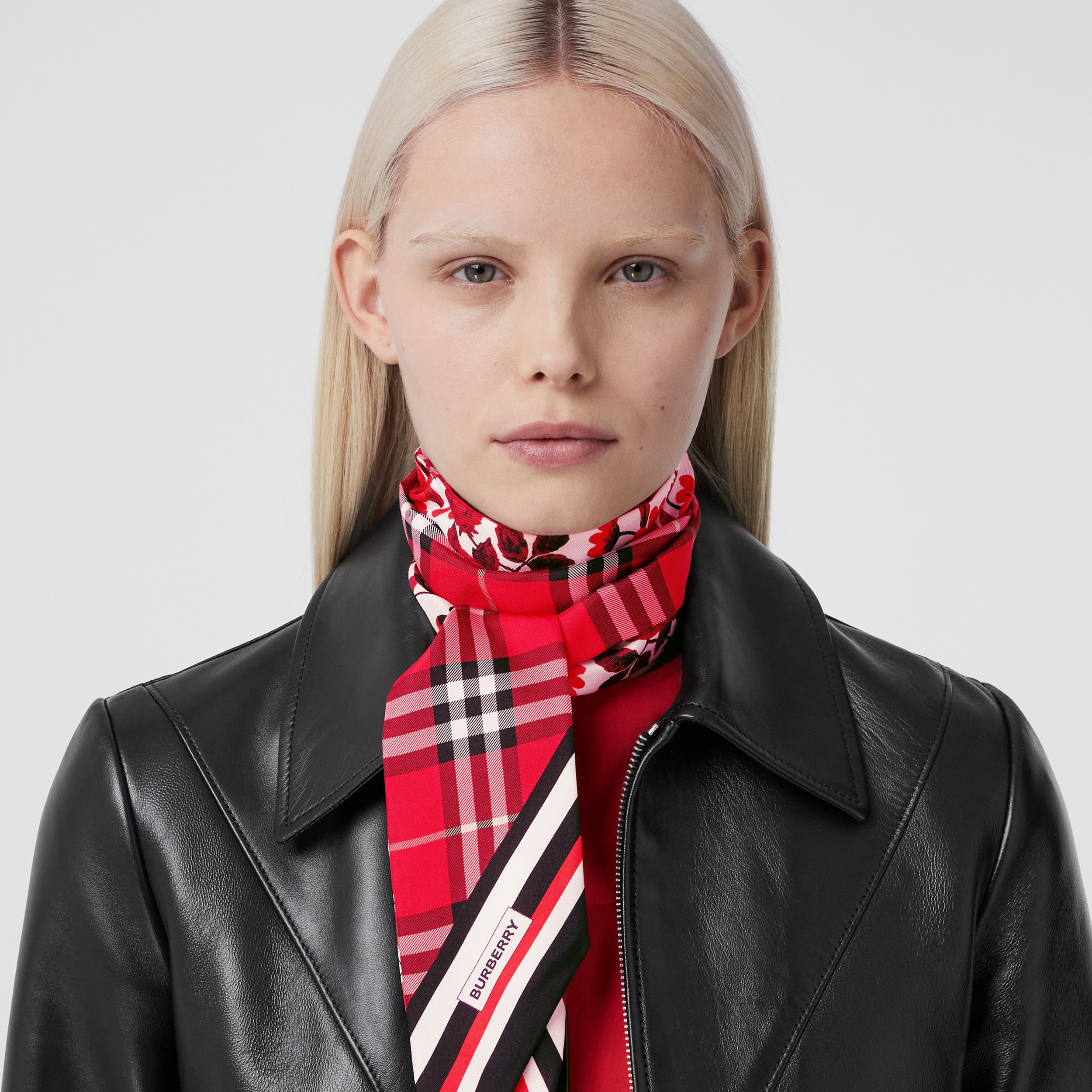 Check and Floral Print Silk Skinny Scarf – Online Exclusive in Bright Red - Women | Burberry® Official - 3