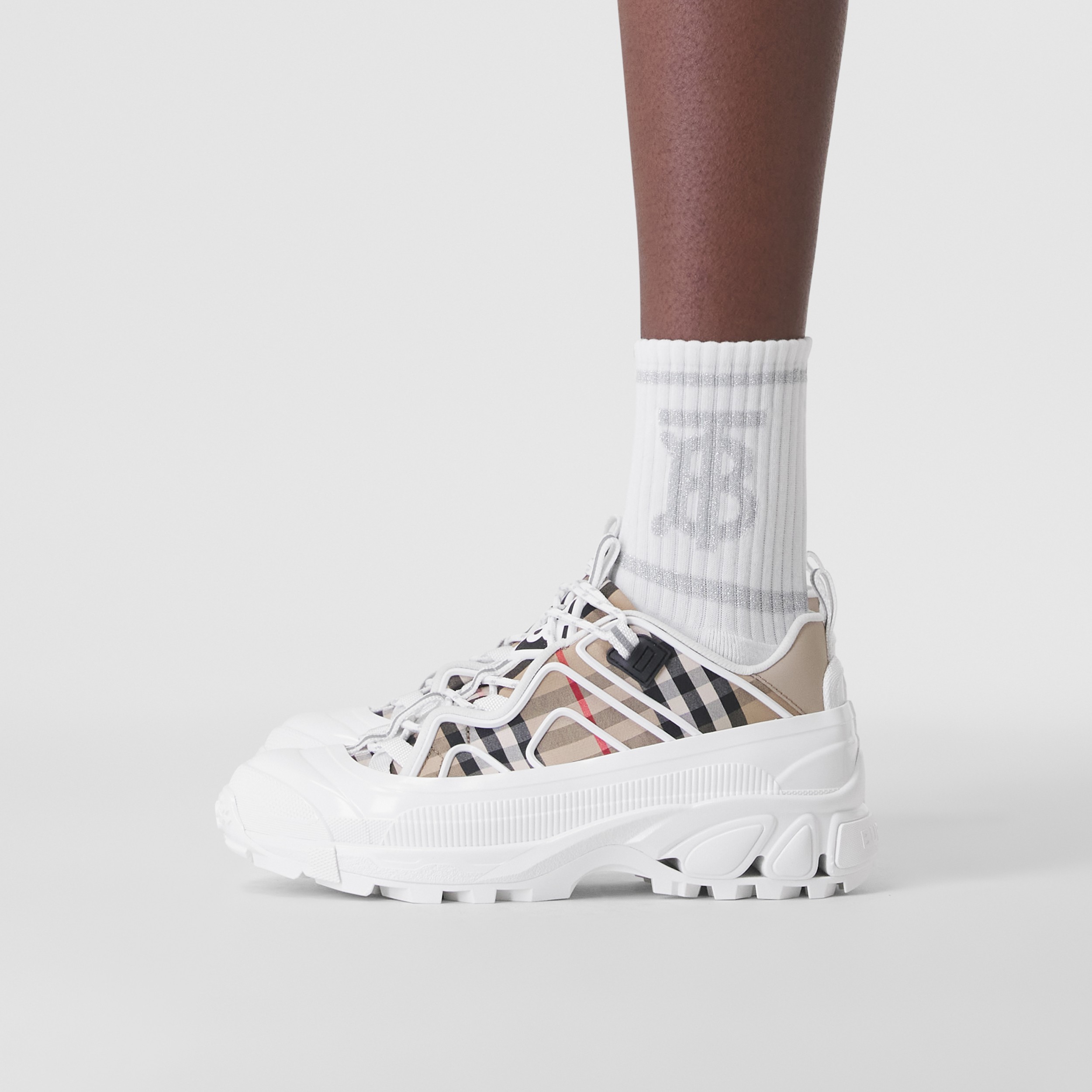 Vintage Check Cotton and Leather Arthur Sneakers in Archive Beige - Women | Burberry® Official - 3