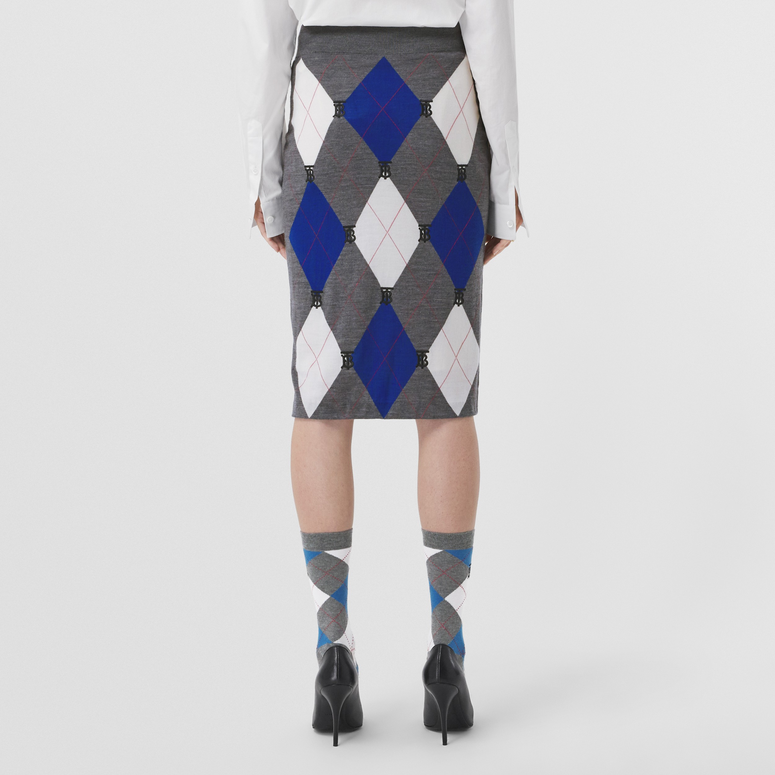Monogram Motif Argyle Intarsia Wool Skirt in Mid Grey Melange - Women | Burberry® Official - 3