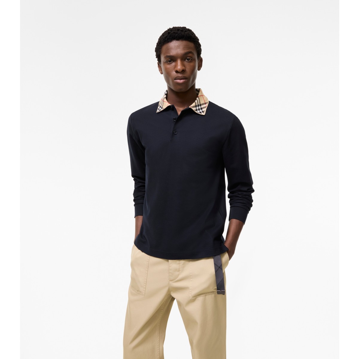  Check Long-sleeve Collar Cotton Polo Shirt