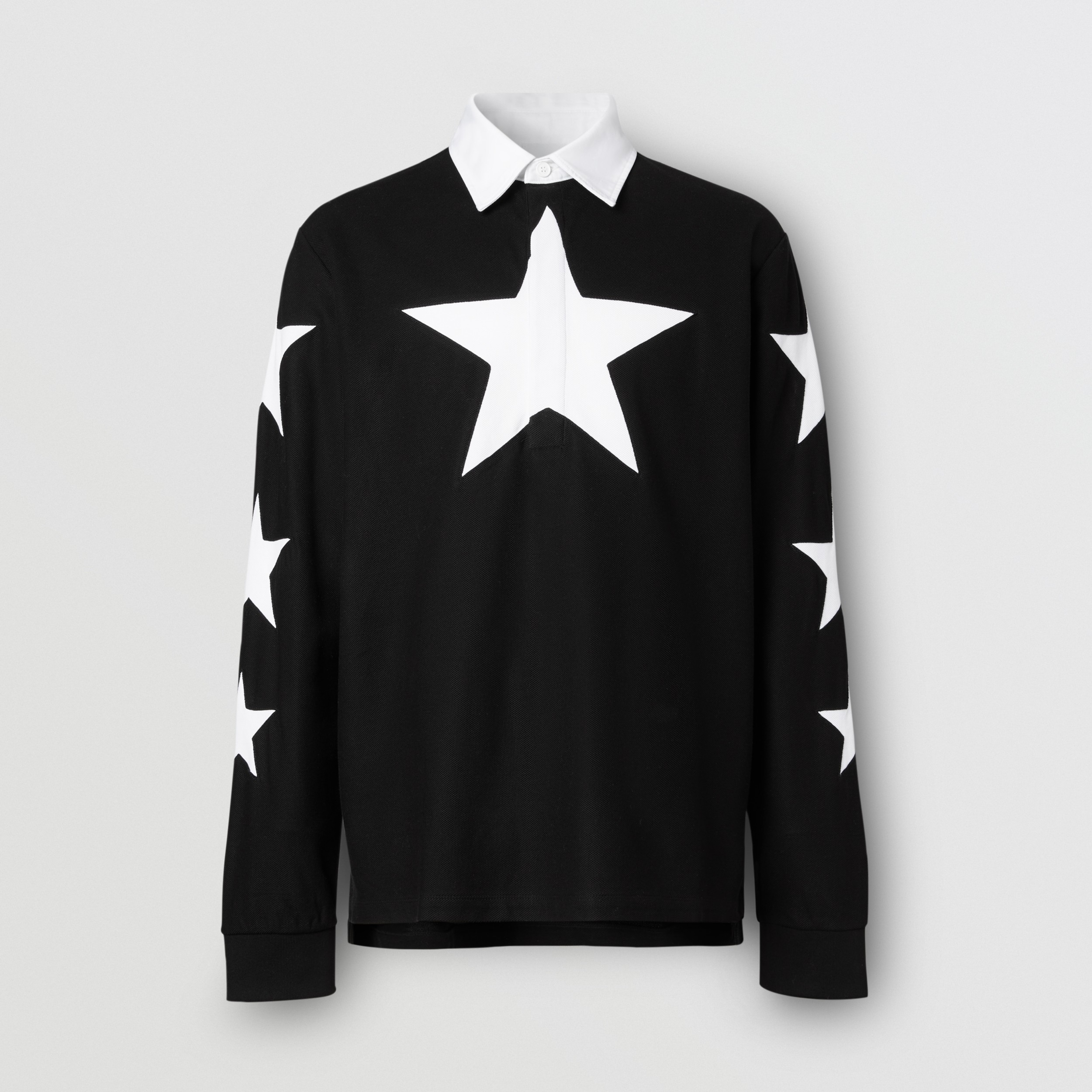 Long Sleeve Star Motif Cotton Piqué Polo Shirt In Black Men