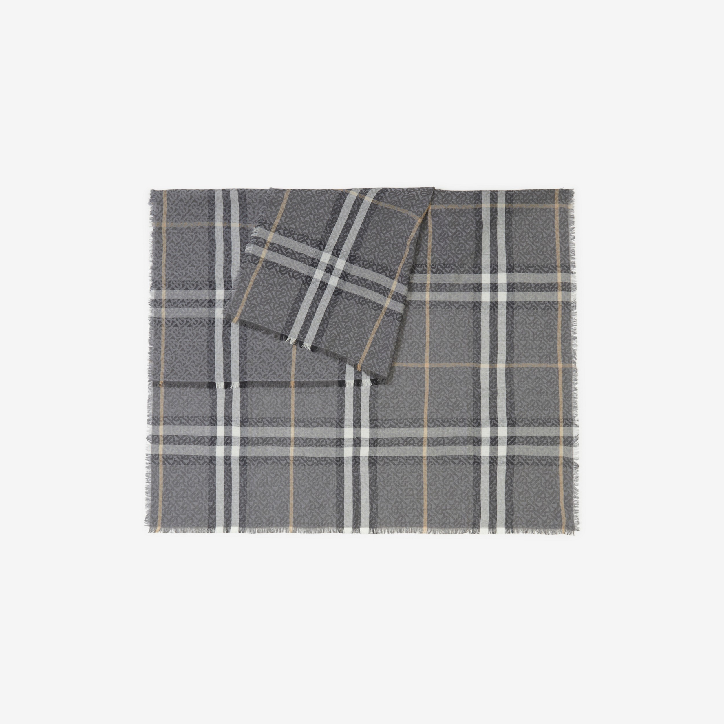 Sciarpa leggera in lana e seta con motivo tartan e monogramma (Nero Fumo) | Sito ufficiale Burberry® - 3