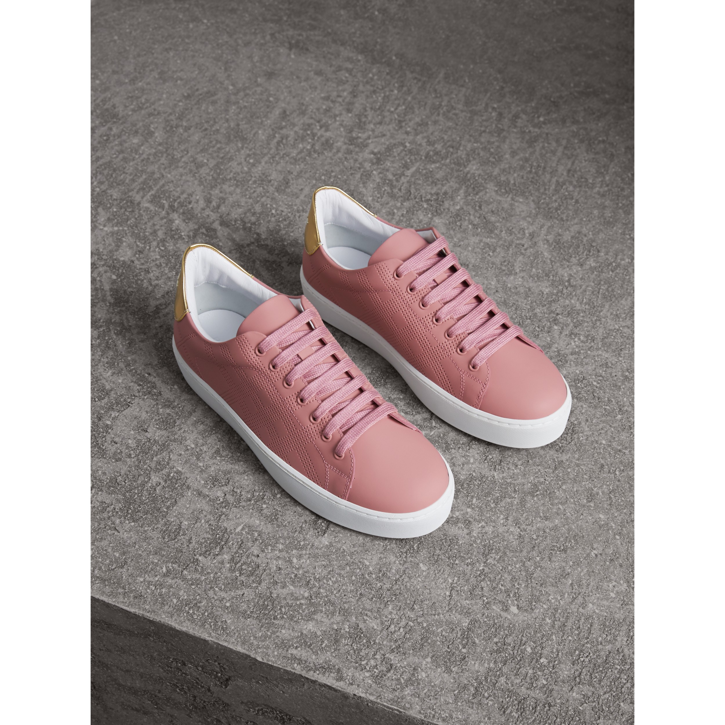 Perforated Check Leather Sneakers in Rose Pink - Women | Burberry ...