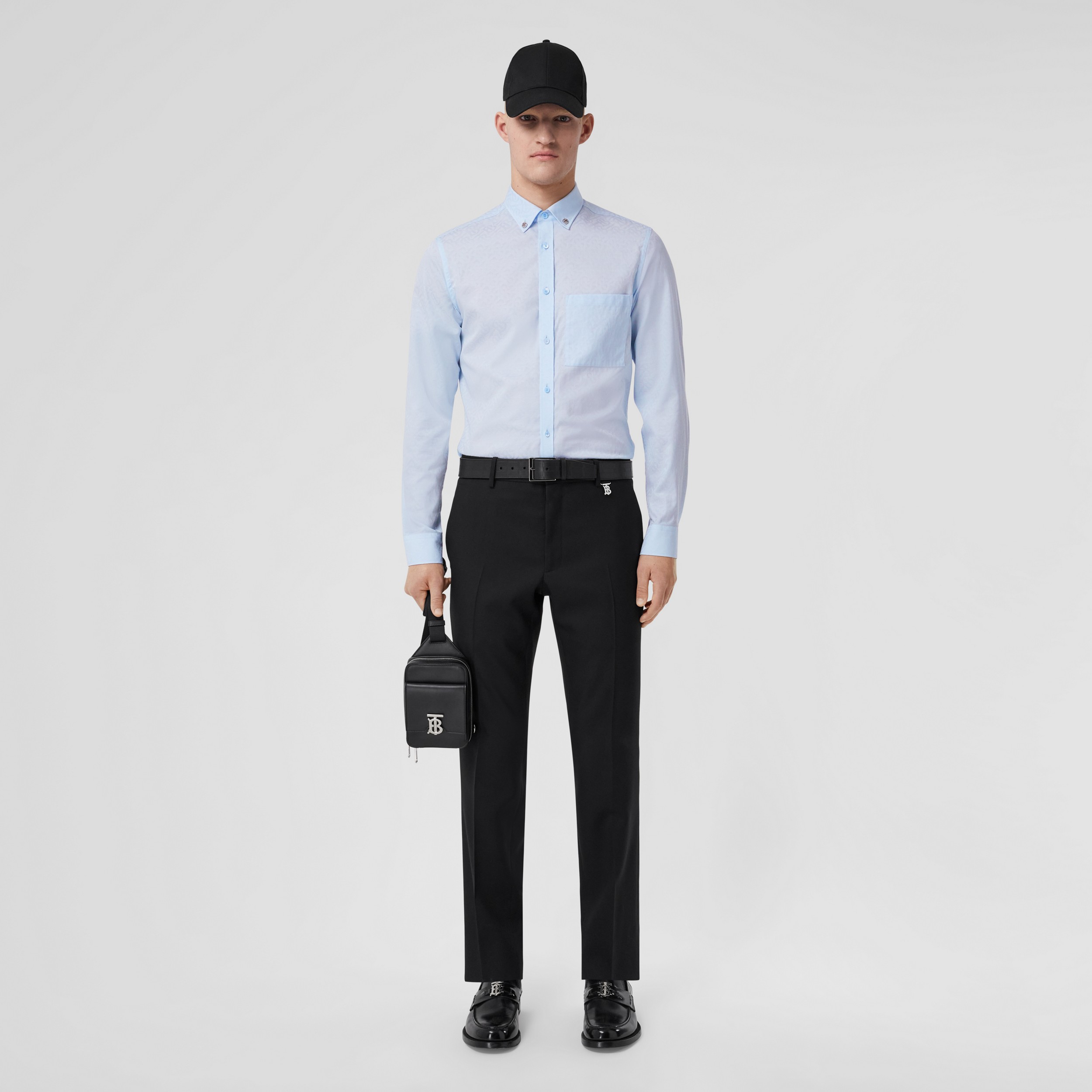 Slim Fit Monogram Cotton Jacquard Shirt in Pale Blue - Men | Burberry® Official - 1
