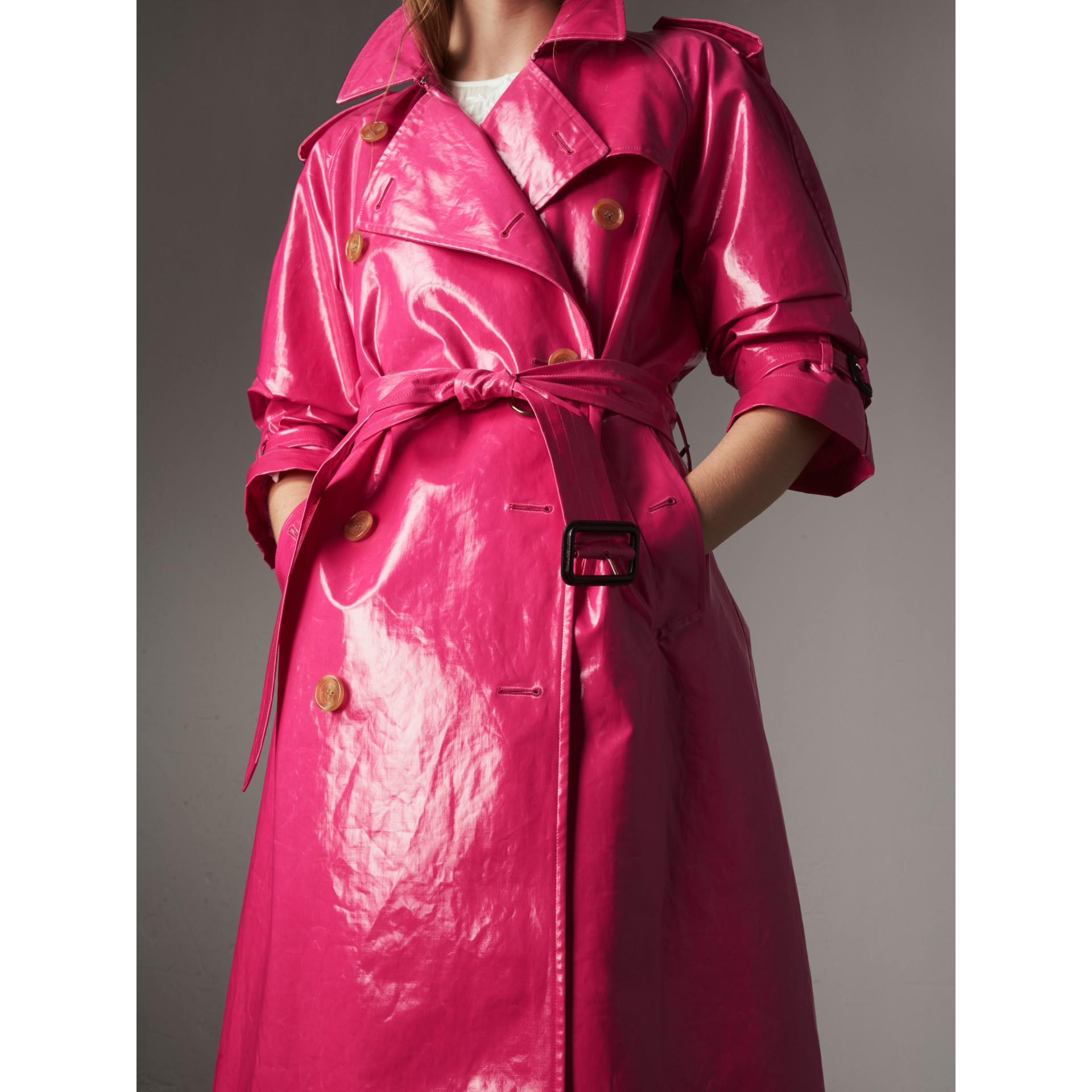 Laminated Cotton Trench Coat in Neon Pink Women Burberry United States