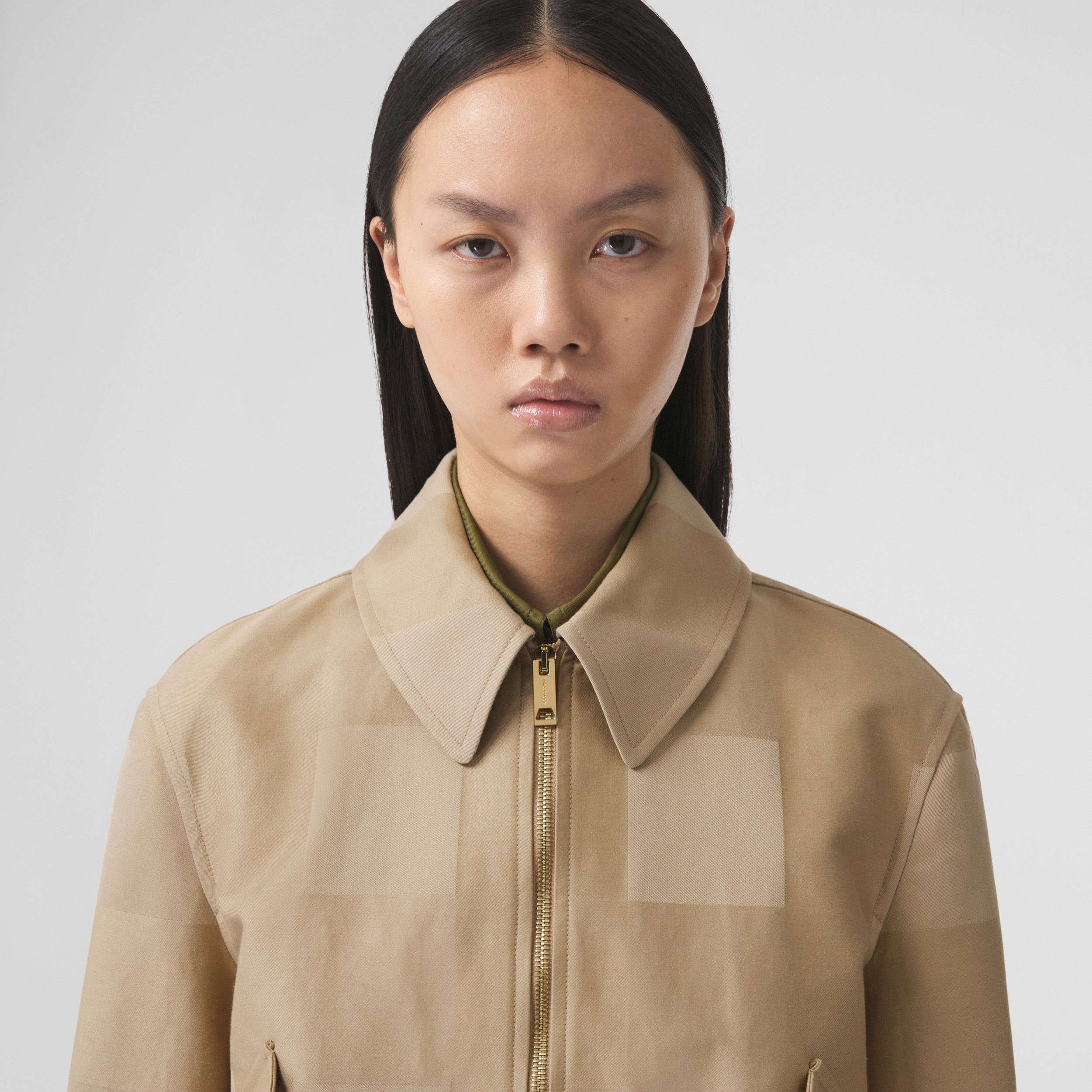 Check Intarsia Cotton Gabardine Blouson In Honey Women Burberry United States