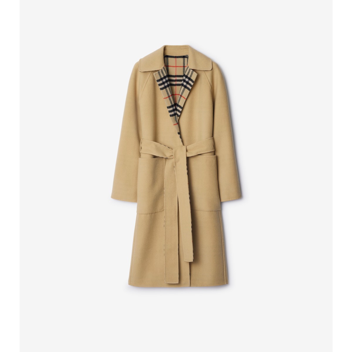 Shop Burberry Long Reversible Check Wool Car Coat In Flax