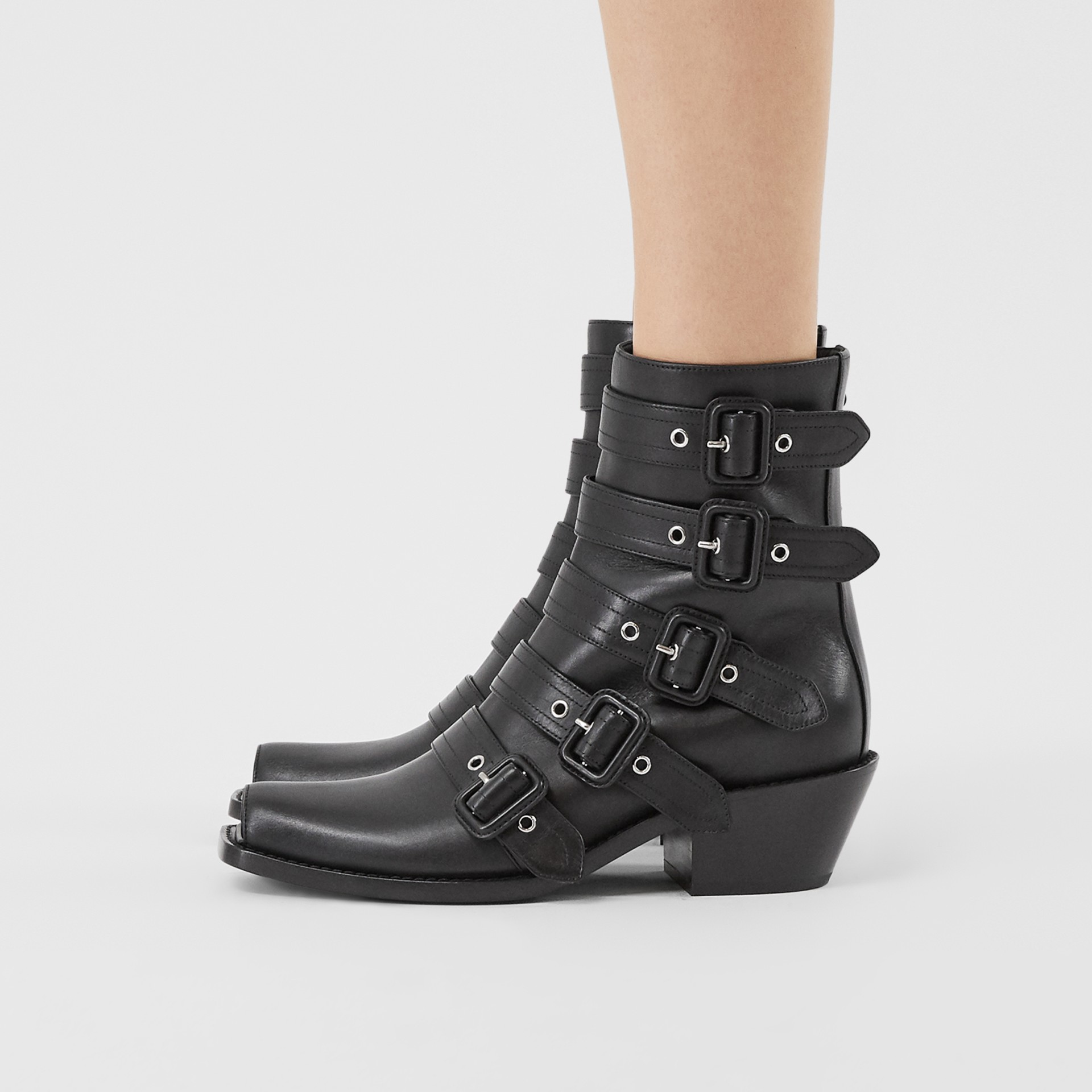 Buckled Leather Peep-toe Ankle Boots in Black - Women | Burberry United ...