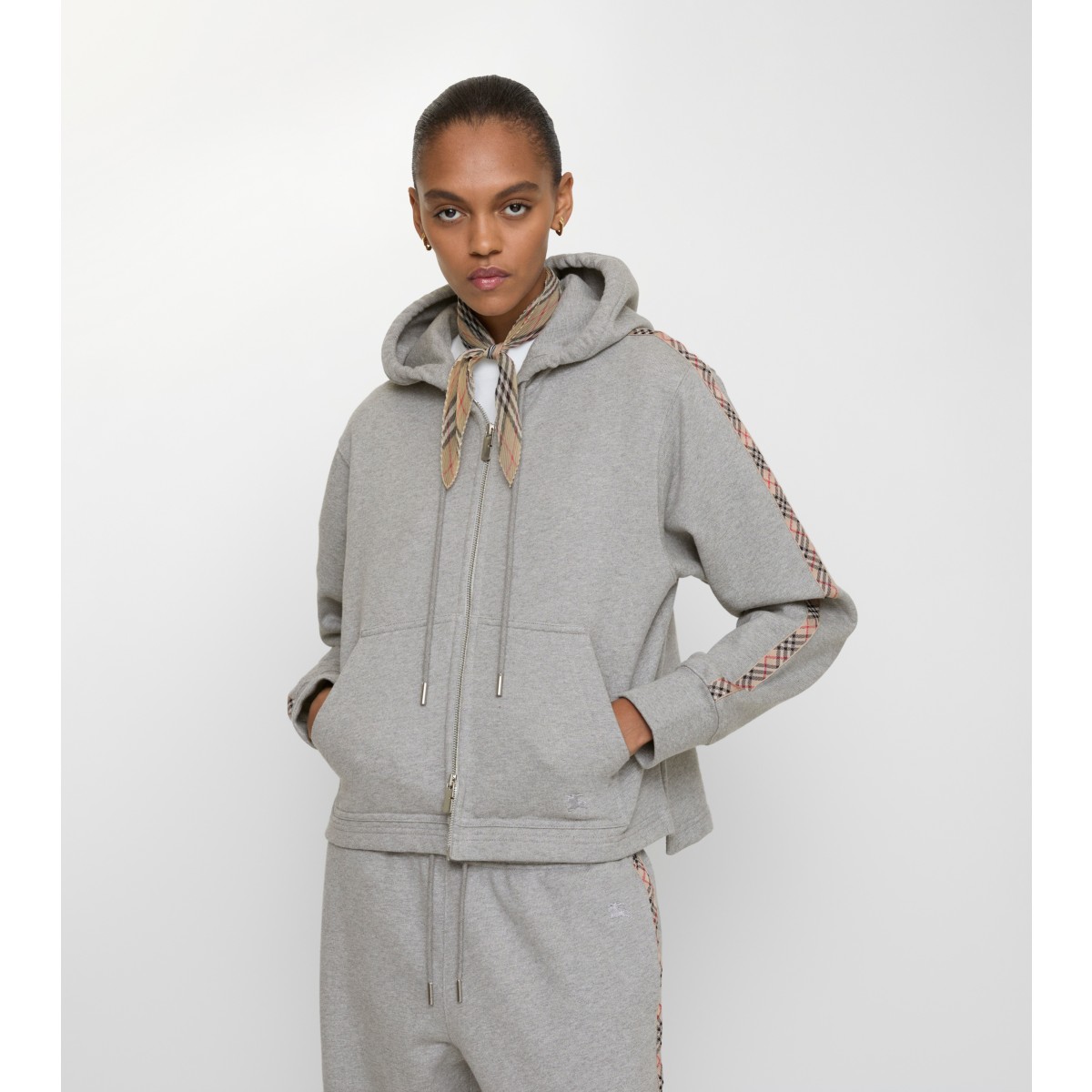  Check Trim Cotton Zip Hoodie