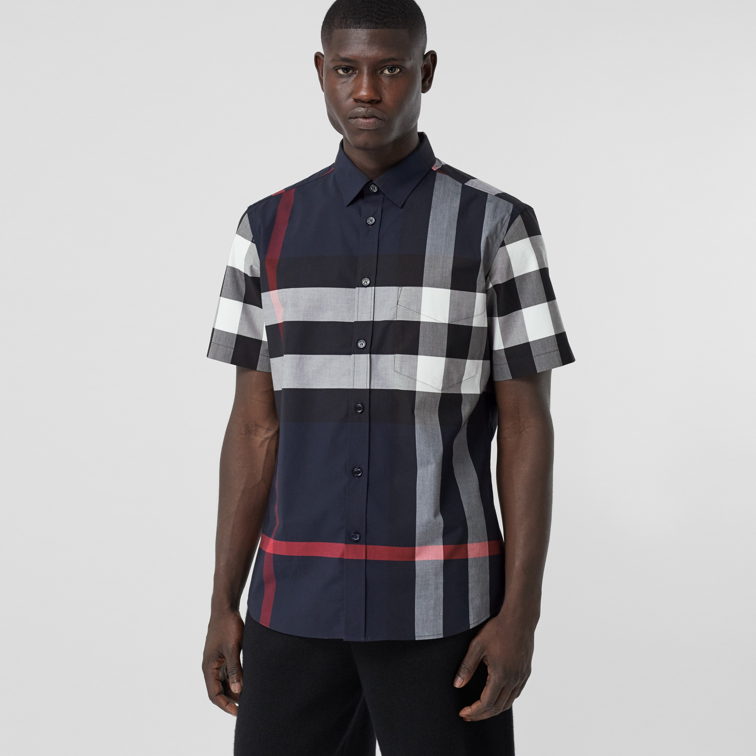 Short-sleeve Check Stretch Cotton Poplin Shirt in Navy - Men | Burberry®  Official