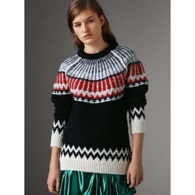 Fair Isle Wool Cashmere Sweater in Black/ Military Red - Women ...