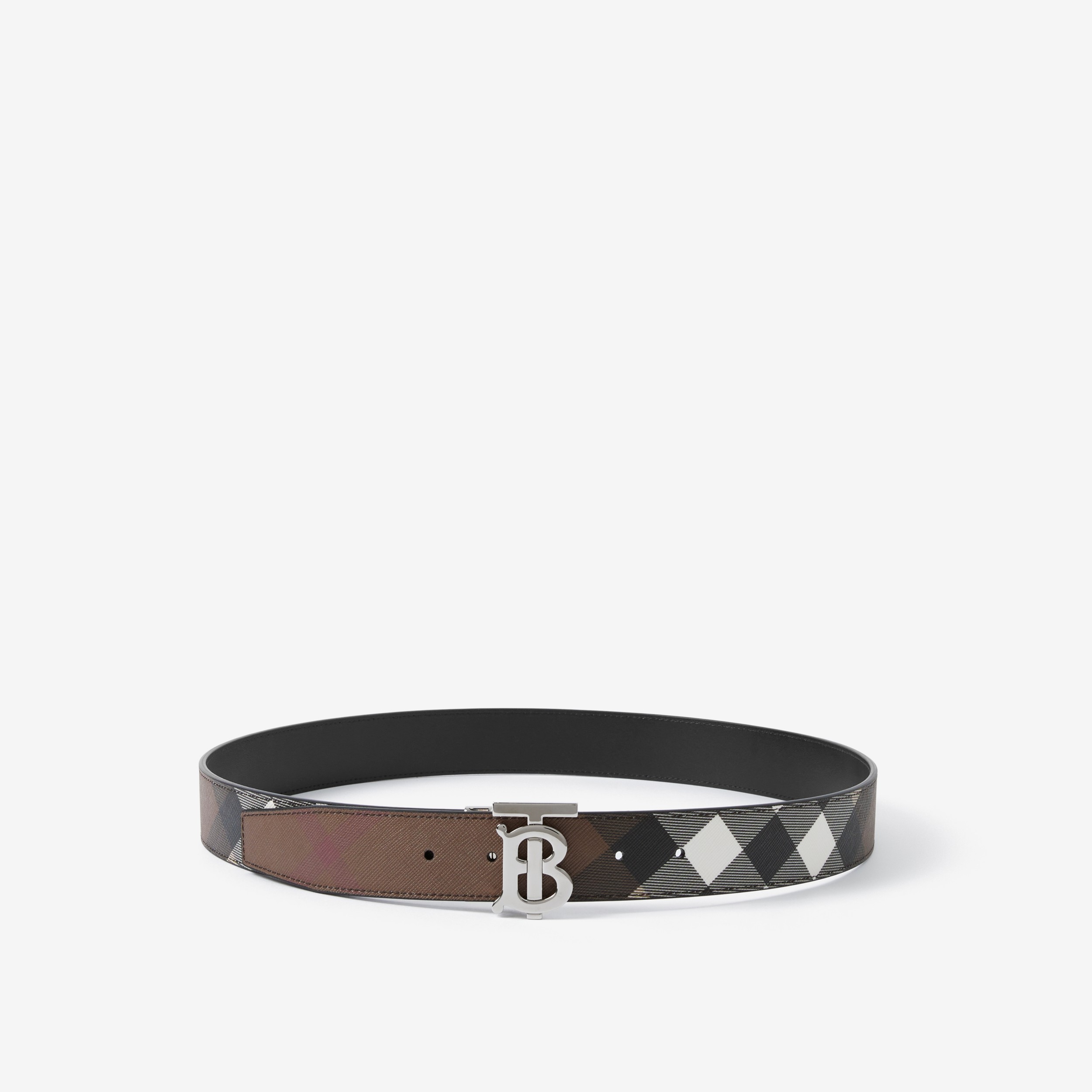 Check and Leather Reversible Belt in Dark Birch Brown/black - Men