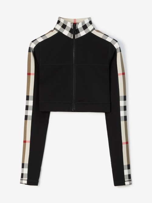 Shop Burberry Cropped Check Trim Stretch Jersey Zip Top In Black