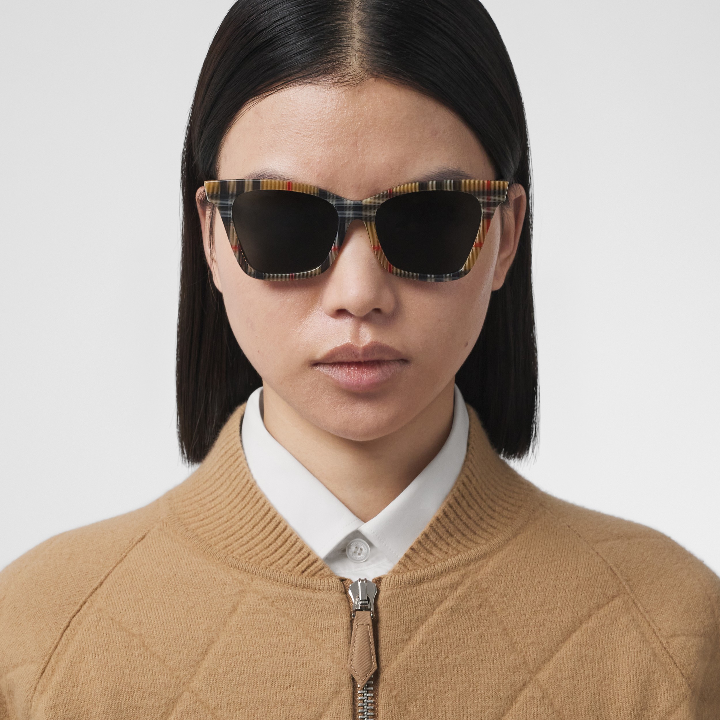 Vintage Check Square Frame Sunglasses in Antique Yellow - Women | Burberry® Official - 3