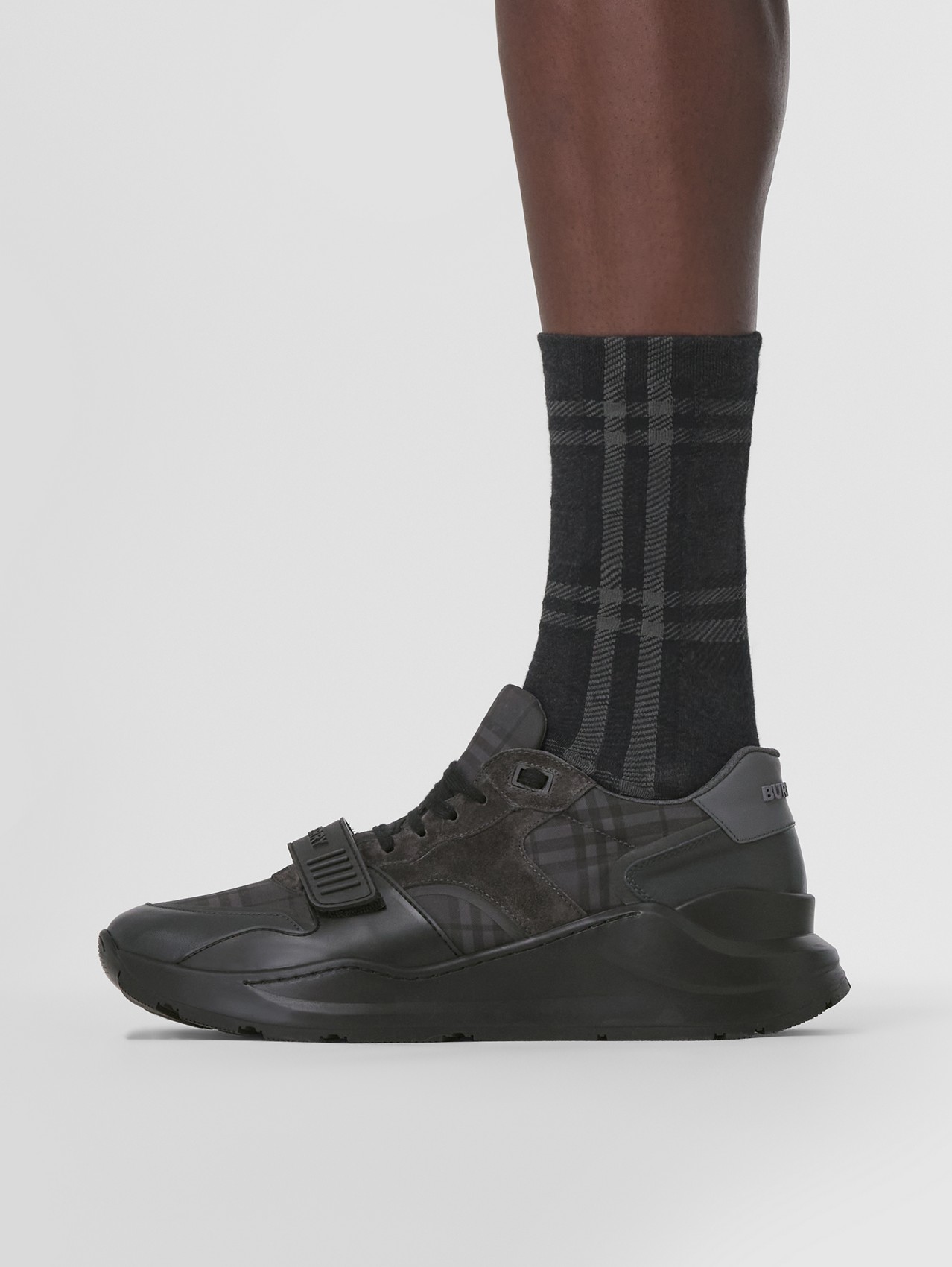 Vintage Check, Leather and Suede Sneakers in Dark Charcoal