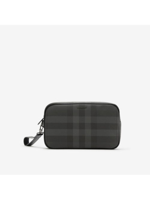 Burberry Check And Leather Pouch In Charcoal