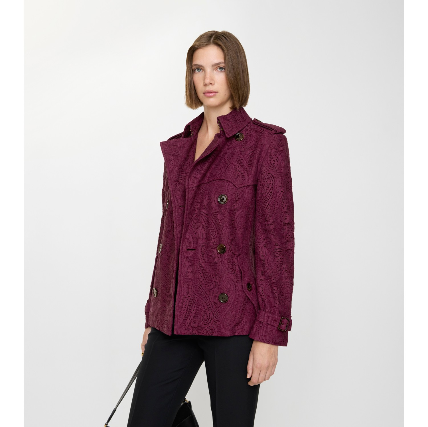 Short Paisley Lace Foxfield Trench Coat in Allium purple - Women