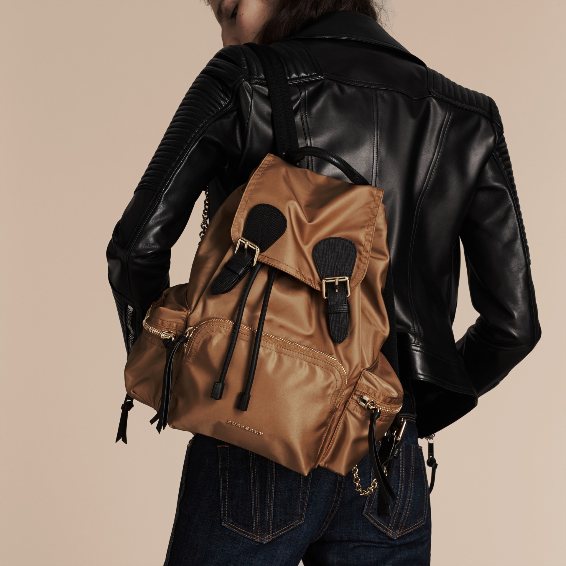 The Medium Rucksack in Technical Nylon and Leather in Light Flax