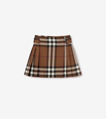 Pleated Check Wool Mini Kilt in Dark birch brown - Women