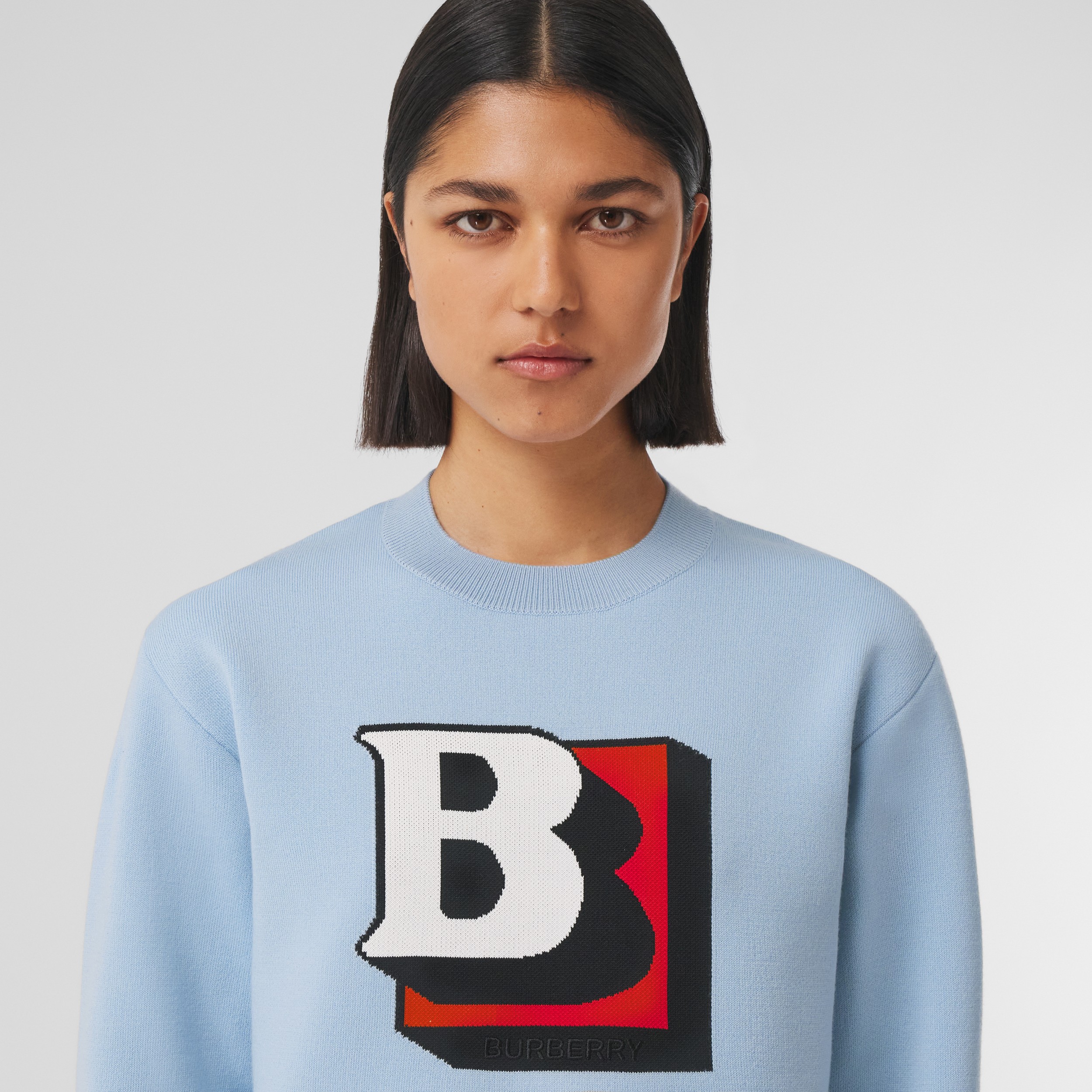 Letter Graphic Technical Wool Jacquard Sweater in Pale Blue - Women | Burberry® Official - 2