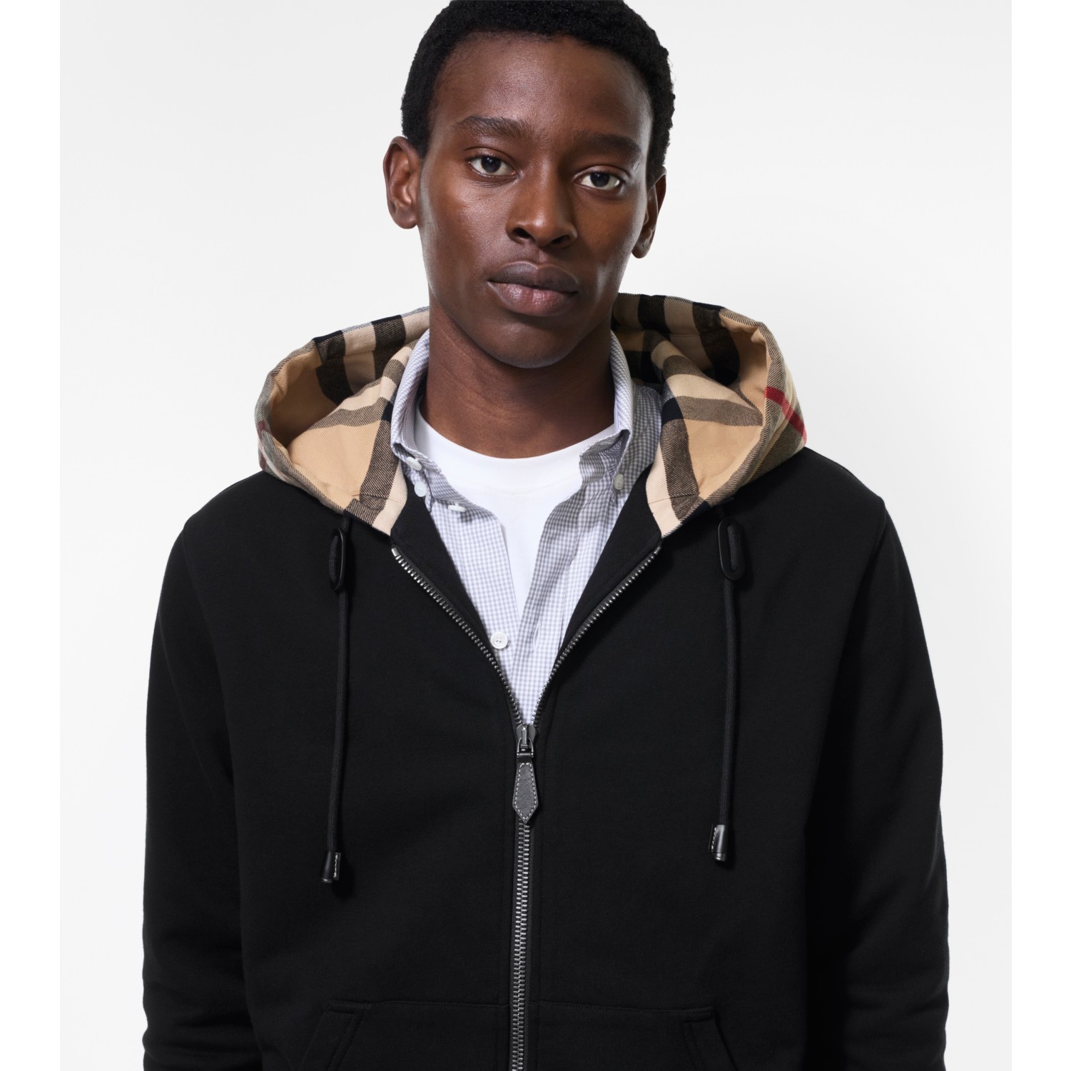 BURBERRY ジップアップパーカー ブラック チェック柄 M Check Hood Cotton Zip Hoodie in Black/archive beige - Men