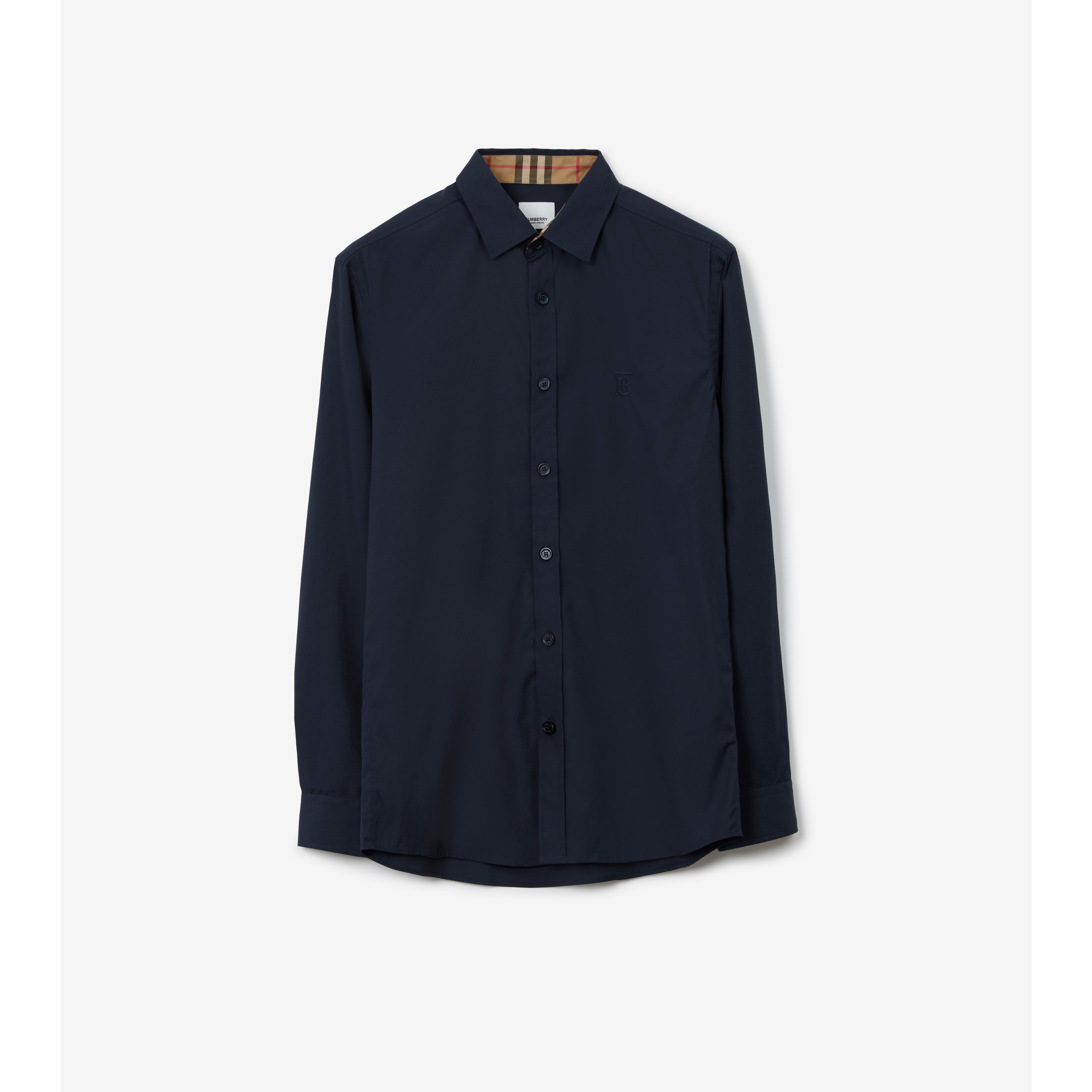 Slim Fit Monogram Motif Stretch Cotton Poplin Shirt in Navy Men