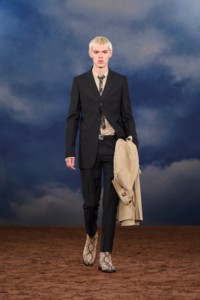 Burberry SS26 Show model Blake Miller wearing a Wool mohair tailored jacket and Python print leather Ledger boots